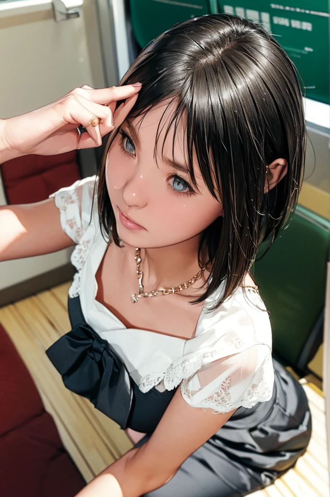 ,Short sleeved white shirt,Grey checked tie,Grey checked mini skirt,Navy blue socks,(open mouth,tongue out,lick),Sitting on a black sofa,looking ahead,from above,flont view,face focus,(1girl,Beautiful 14 year old girl),((Slender,Small breasts,Small face,)),looking at viewer,Black Hair,bangs,straight,Beautiful and detailed,Mischievous smile,Dimly lit room,Simple Background,Black background,
