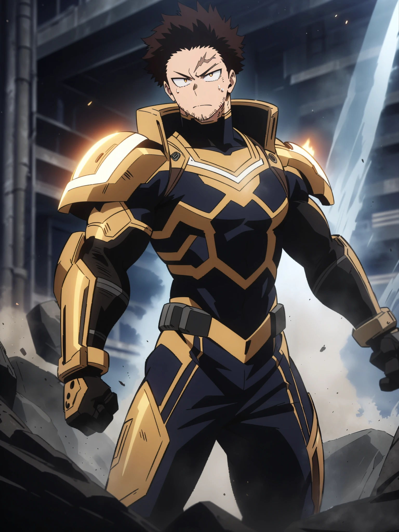 (masterpiece, best quality, anime, anime coloring:1.3).
Hero name: Sentinel
Physical Appearance:
• Height: 6’3” (190-cm)
• Build: Muscular and broad-shouldered, with a strong yet agile physique. His body is built for both endurance and speed, allowing him to shield allies efficiently.
• Hair: Dark brown, slightly tousled but usually kept neat. When in battle, it often gets messy due to movement and sweat.
• Eyes: Striking amber with a sharp, determined gaze. They glow faintly when he activates his quirk at full power.
• Skin: Slightly tanned due to constant fieldwork and exposure to the elements.
• Notable Features:
• A scar running from his right cheekbone down to his jaw, a reminder of a past battle before he fully mastered his quirk.
• Strong jawline, slight stubble when he forgets to shave.
• A deep, commanding voice that exudes confidence and reassurance.
Hero Costume: “Sentinel Armor”
Designed for both mobility and defense, Sentinel’s hero costume emphasizes protection, utility, and intimidation, reflecting his role as a frontline defender.
Primary Suit:
• A sleek, reinforced bodysuit made from a flexible but durable alloy-fiber hybrid. The material absorbs shock, helping him withstand powerful physical blows.
• Color Scheme:
• Primary: Deep navy blue – represents resilience and stability.
• Accents: Silver and black – emphasizing his role as a protective figure.
• Glowing Golden Lines: Running along his forearms, chest, and shoulders. These glow faintly when his quirk is activated, intensifying when he absorbs or reflects energy.
Armor Enhancements:
• Reinforced Gauntlets: Heavy-duty forearm
Daytime, detailed anime lighting, colorfull.
My Hero Academia character, MHA style, anime style, my hero academia, boku no hero academia, animated. Anime, Best Quality, Masterpiece, High Resolution, 4K, perfect body, perfect eyes, perfect eyes, Full Quality, colorfull, Looking at viewer, Anime, Anime Style, High Resolution.