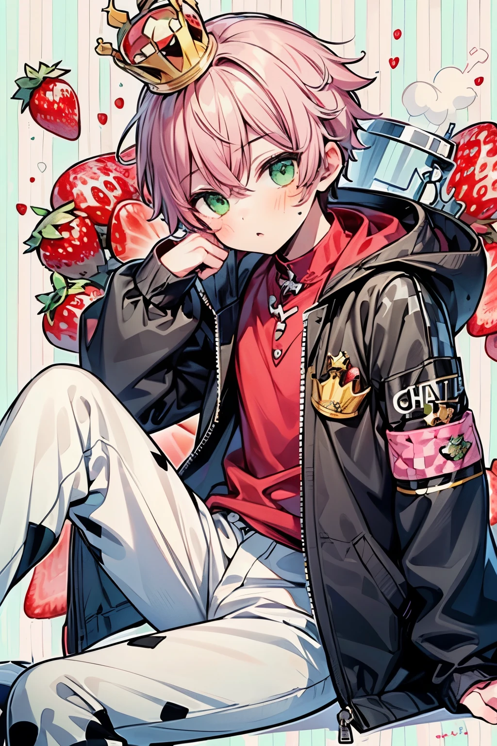 ((1-boy:1.5)),((gay:1.3)),((男:1.2)),照れ顔,((Many strawberry mark:1.0)),(knee length puffer jacket:1.0),(Strawberry shaped crown:1.25),strawberry-pink-color hair,green eyes,((Checker pattern background:1.3)),(NSFW:0.5)