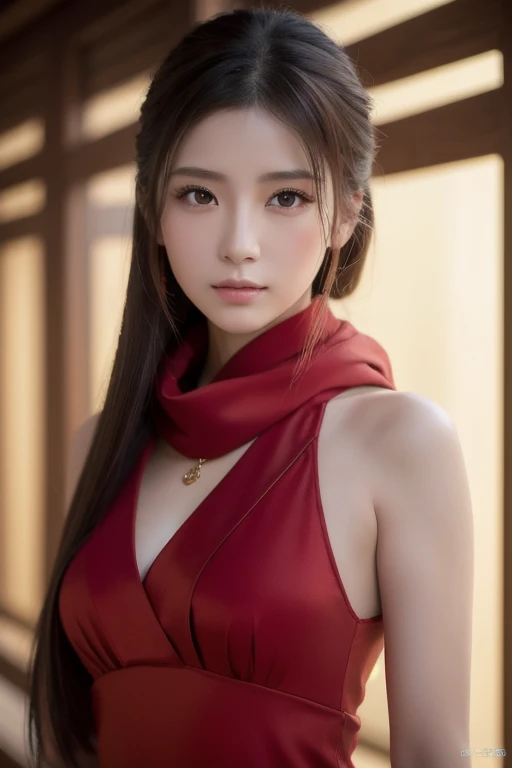 best quality, (photorealistic:1.2), 1girl, solo, shiny skin, detailed face, face focus, standing, black hair,(hair ornament:1.35), twintails, japanese clothes, ribbon-trimmed sleeves, detached sleeves, ribbon trim, wide sleeves, (looking at viewer:1.5) long hair,  black eyes, bangs, underwear, lips,