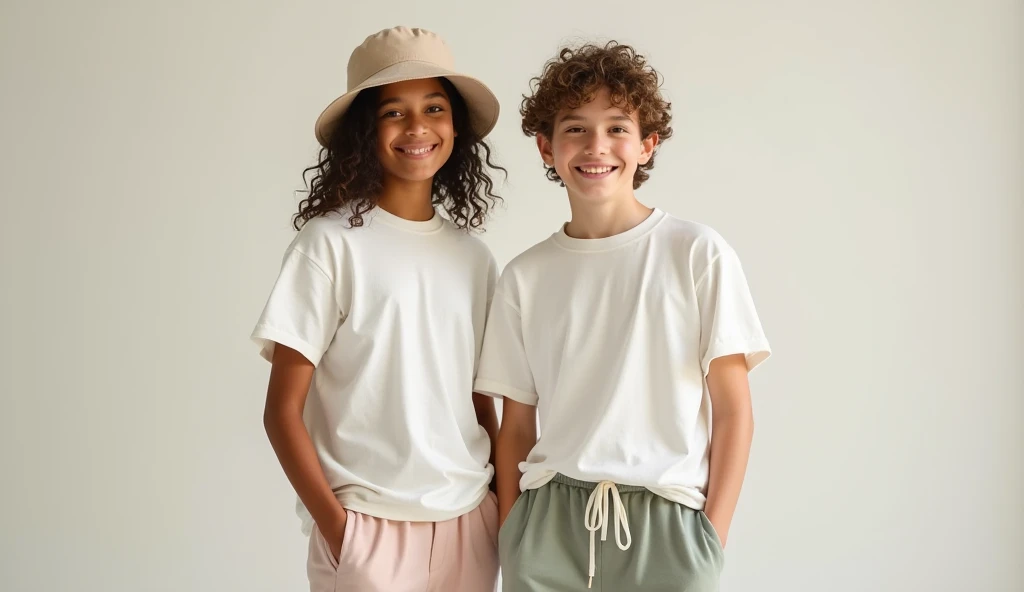 Super realistic. A boy and a 12-year-old girl wearing a straight blouse, round goka sweatshirt, cakca jeans. White fundi.