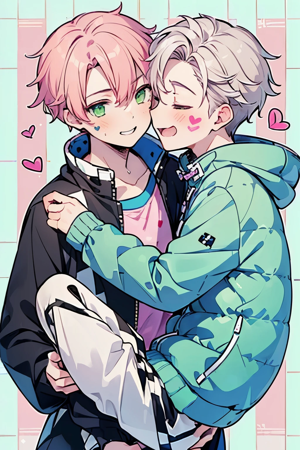 ((boy :1.5)),((gay couple:1.3)),((male:1.2)),((Yaoi:1.5)),Pleasure,Joy,Smirking face,((Many Heart mark:1.0),(knee length puffer jacket:1.0),pink-color hair,green eyes,((Checker pattern background:1.3)),(NSFW:0.5)