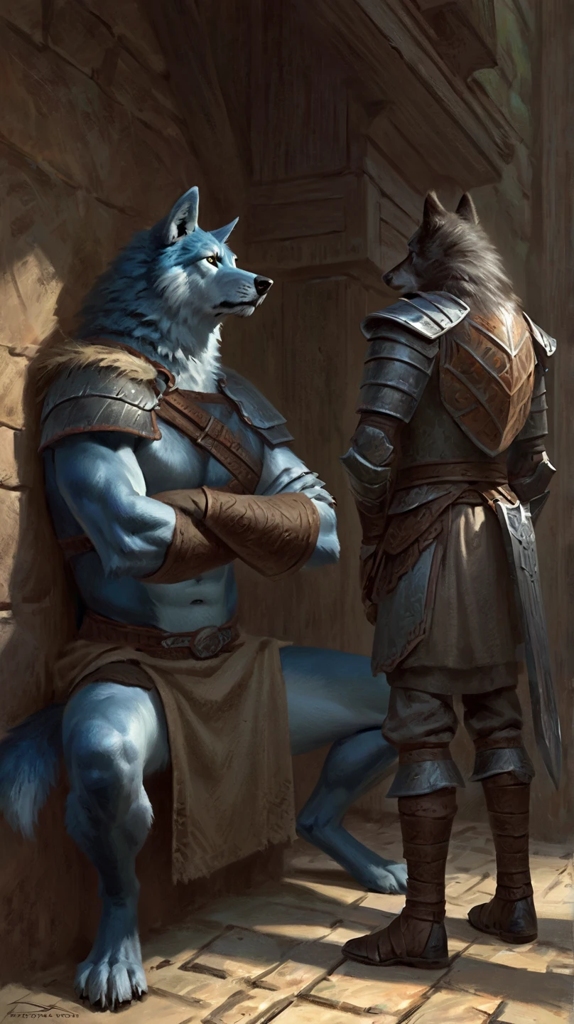 Sexy anthro furry wolf male, gay, kinky, sexy furry warior, headband shaggy shag, worn out skimpy leather armament, low on hips leather belt with worn out skimpy brown leather jockstrap, leather heavy harness armor, leather bondages, fingerless leather gloves, he is fucking with other smae looking wolf furry warrior, his hard dick is inside ass of other warrior, knelling on all fours from behind position, gay sex, cum cumshoot, legs wie open, orgasm, side view