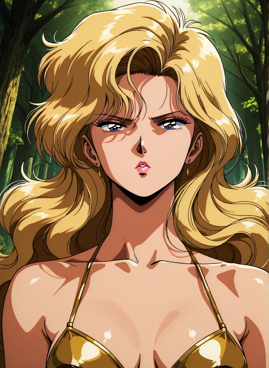 (black background) (black gyaru darkest skin) (pointy ears) (tiger tail) Princess Nina wearing yellowish tiger print bikini, hands on hips, full body kneeling, golden = (shackles wristbands, chains, bracers, handcuffs) leather collar choker, metal sandals, big knockers, happy closed mouth red cheeks