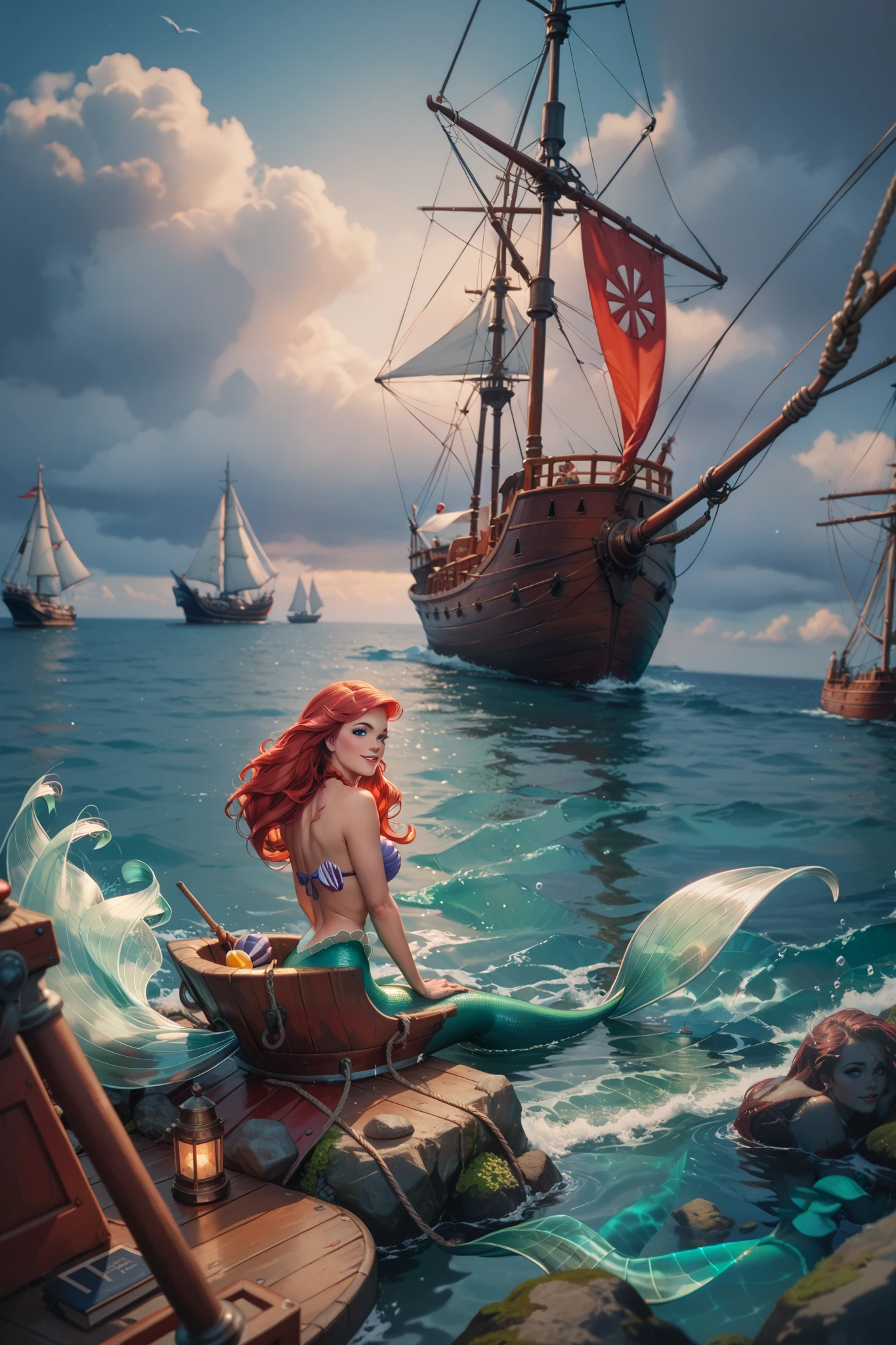 very sexy mermaid with mermaid tail, blue eyes, shell bikini, red long hair, artgerm style, big breast, big ship in the background
