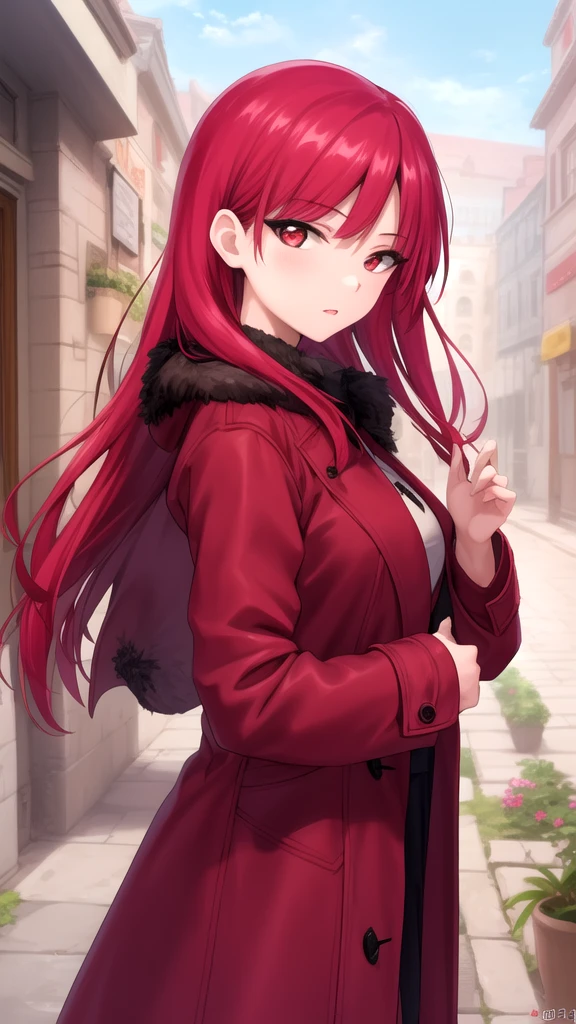 Ilulu Girl appears in her human form as a small woman wearing a black cloak with fur.. She has a generous bust and even in her human form, has dragon arms. Like Lucoa and Tohru, his horns are visible in human form . huge breasts showing their design on a white screen ( vtuber) ( oc ) red hair with fuchsia ( 10 - 15 years old) Stared right in front of the viewer standing straight showing his entire legs