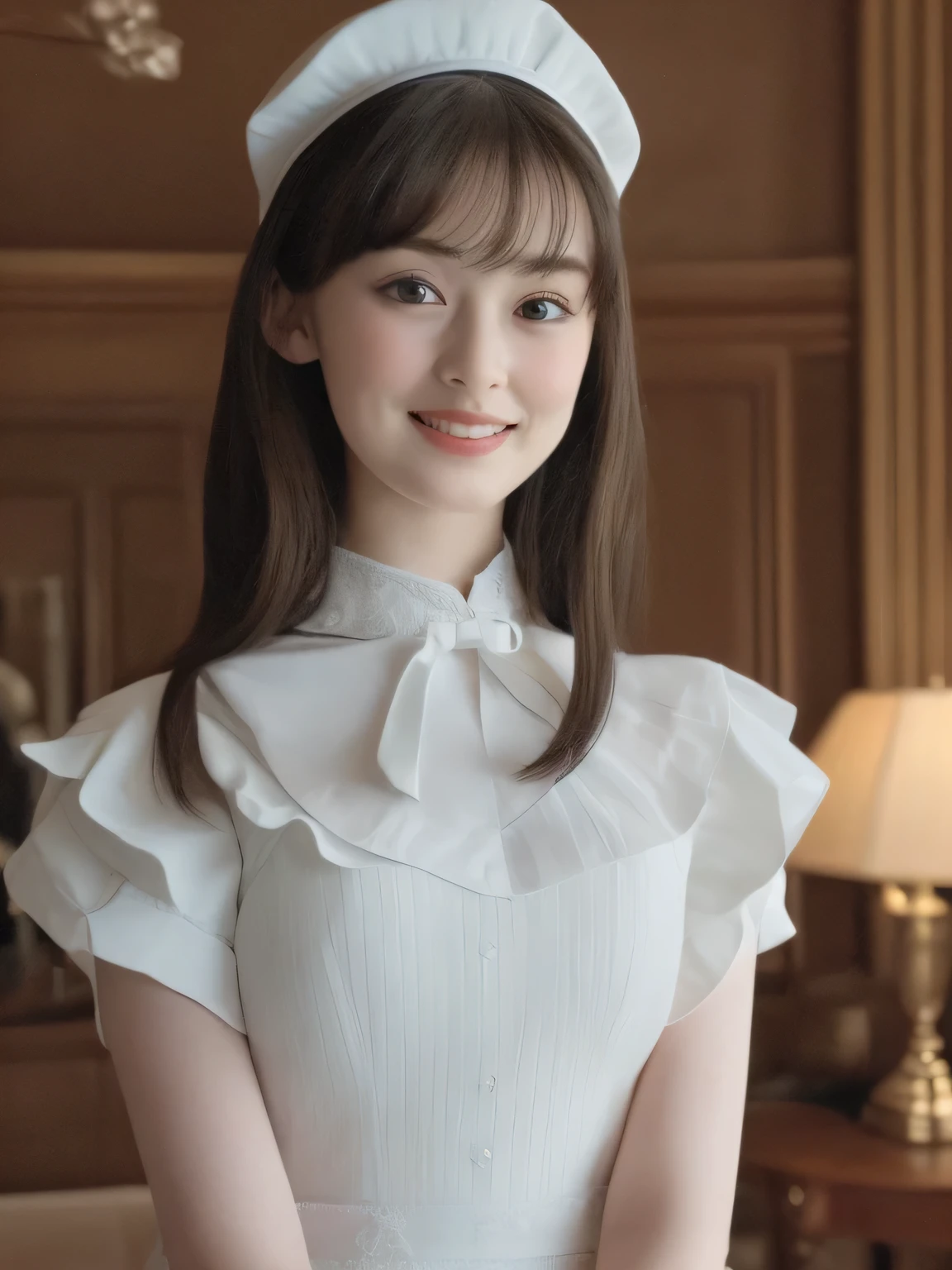 Depict a 20-year-old, very beautiful woman in a luxurious mansion room. She is dressed in a classic black-and-white maid outfit with a short hem and wearing a white brim cap. Her expression is confident, and she is smiling warmly. The setting includes elegant furnishings and decor typical of a grand estate, with soft, natural lighting to enhance the sophisticated atmosphere.