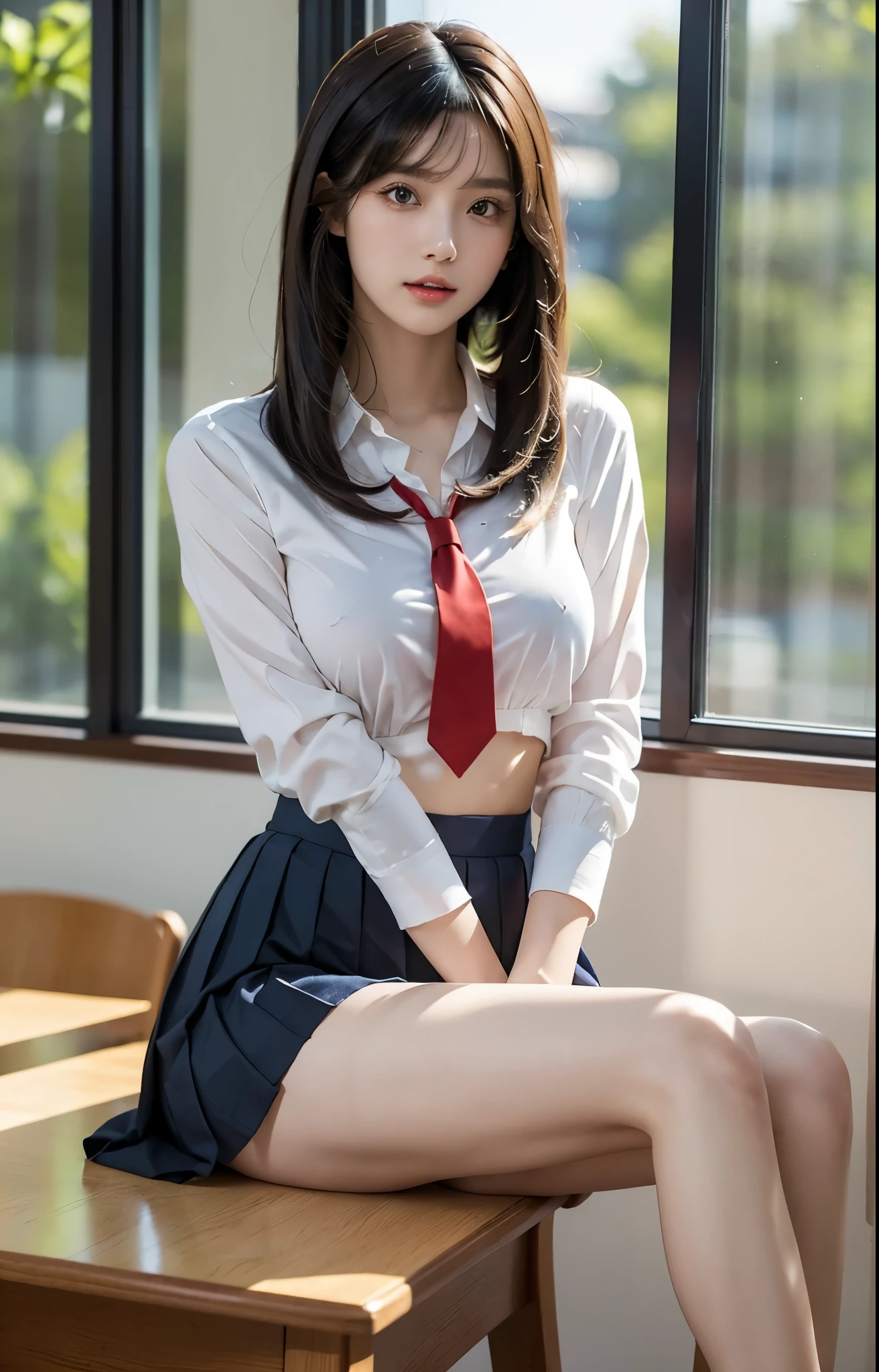 (Masterpiece, Best Quality: 1.1, Ultra Detail, Extreme Photo:1.3, Photo: 1.3), Korean Student Uniform, Shut Up, Seductive Smile, Seated, Tie, Skirt Flying, Lace Panties Exposed, Ultra Detail Background, Medium Breasts, Head Wreath, 8K, Super Detail, Super Detail, Highres, Low Twin Braids, (Legs Open Pose)