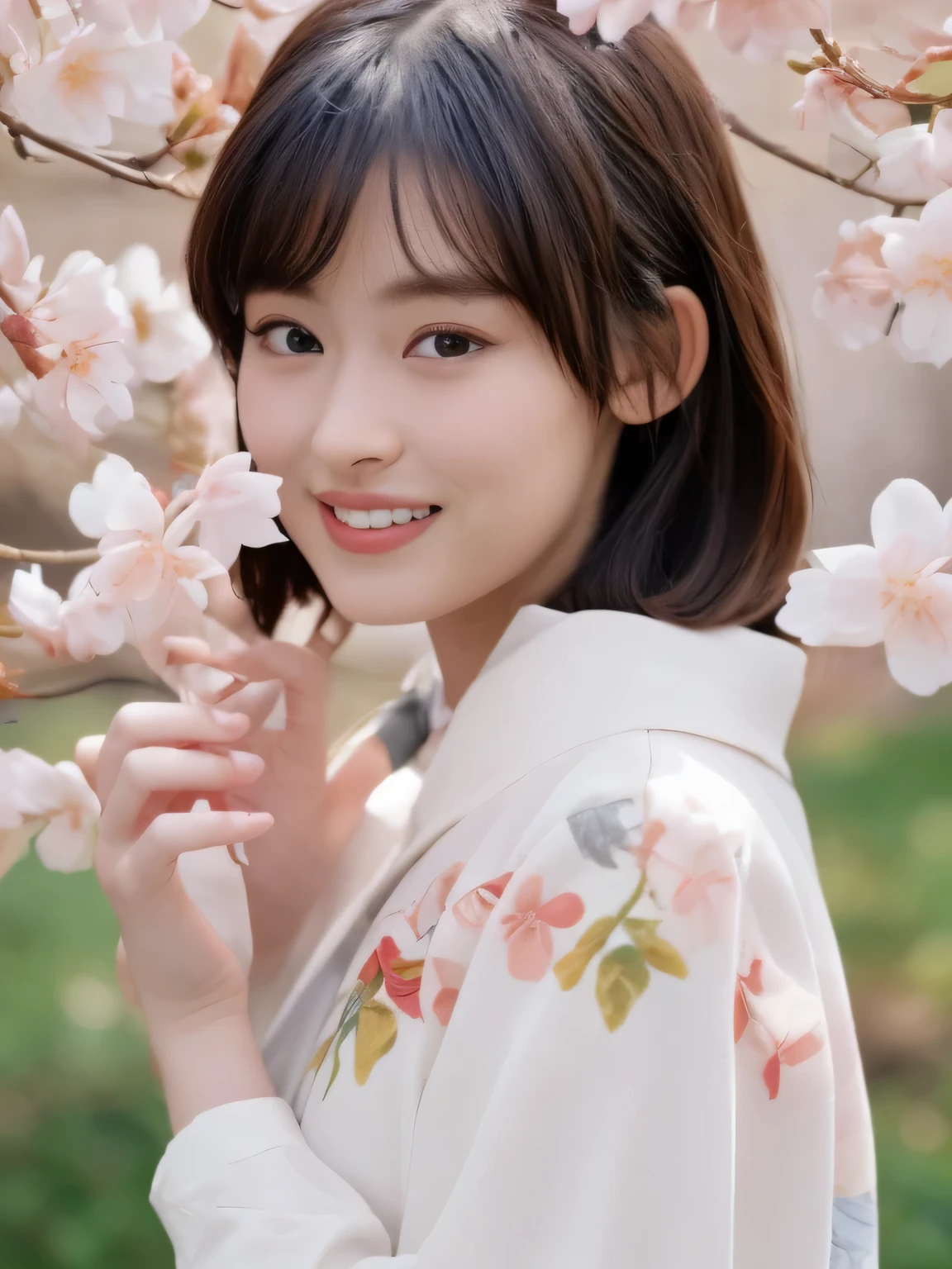 Depict a 20-year-old, very beautiful woman standing under a row of fully bloomed cherry blossom trees. She is dressed in a classic black-and-white sailor-style outfit with a short hem. Her cheeks are slightly flushed, and she is smiling gently, radiating a cheerful and charming aura. The background is filled with vibrant pink blossoms and soft natural light, creating a serene and picturesque scene.