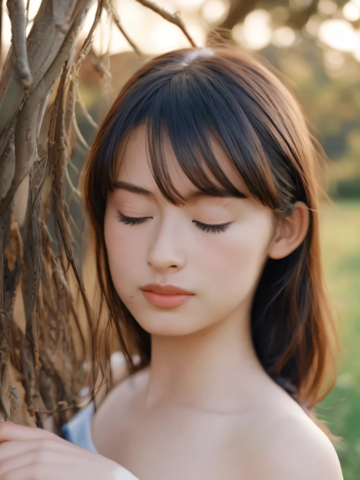 Depict a 20-year-old, very beautiful woman standing in a lush, green park at sunset. The warm light of the evening sun bathes the scene in a golden glow. She is facing forward, her eyes gently closed, her cheeks slightly flushed, and her face tilted slightly upward as if anticipating a kiss. The atmosphere is serene and romantic, with the soft colors of the sunset complementing the tranquil surroundings. 1 woman。