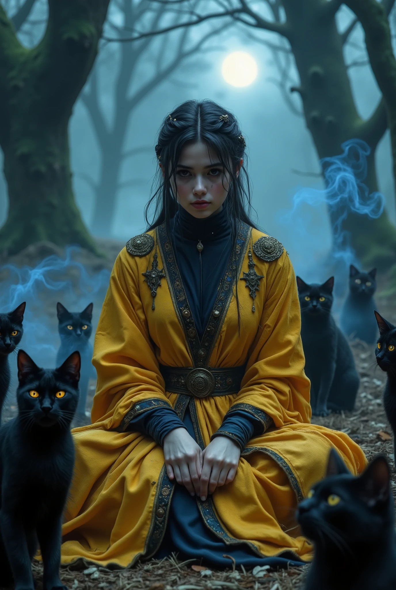 A mysterious and ethereal scene of a beautiful young wizard seated in the middle of a moonlit glade, surrounded by a circle of sleek black cats with piercing golden eyes. The wizard is adorned in a deep yellow with picton blue turttleneck inside, intricately embroidered robe that glows subtly in the dim light, complementing the mystical atmosphere. Her hair is elegantly tied back, and her expression is serene yet powerful, as if in silent communion with the cats. The ground is covered in straw, blending into the foggy surroundings, and the air is thick with an enigmatic, magical tension. A faint blue mist swirls around her, enhancing the sense of enchantment and otherworldliness. 10 distand composition images