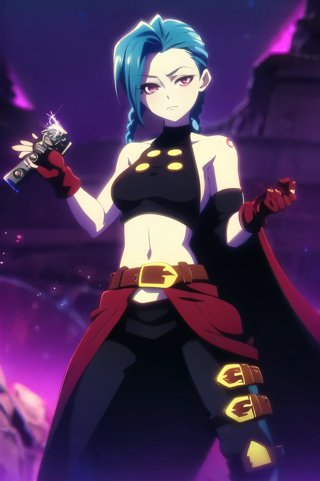 Jinx's character design, sexypose, Erotica, bare breast, teats, Beautiful figure, butt, kitty, Arcane's Jinx, Holding a sparkling and glowing box in his hands, Bright blue and purple sparks all around, glowing eyes, Red glowing eyes, hairlong, hairsh, braided into long braids, Pigtails hang below the knee, Hair color changes from bright RED to Back, Dressed in brown breeches, Leather boots on the feet, Top with four gold circles on the chest in the middle of the chest, Blue cloud tattoos on shoulders and waist, Long bangs, hanging on the right side, Belt with cartridges on the belt, A pistol in a holster on his left leg, Arcane style, extremely detailed CG unity 8k wallpaper, detailed light, Cinematic lighting, chromatic aberration, glittering, expressionless, epic composition, dark in the background, Cherecter Desing, Very detailed, Detailed body, Vibrants, Detailed Face, sharp-focus, anime art, Vibrants, Detailed Face, Hugh Details, sharp-focus, Very drooping face, A detailed eye, super fine illustration, better shadow, finely detail, Beautiful detailed glow, Beautiful detailed, Extremely detailed, expressionless, epic composition,
