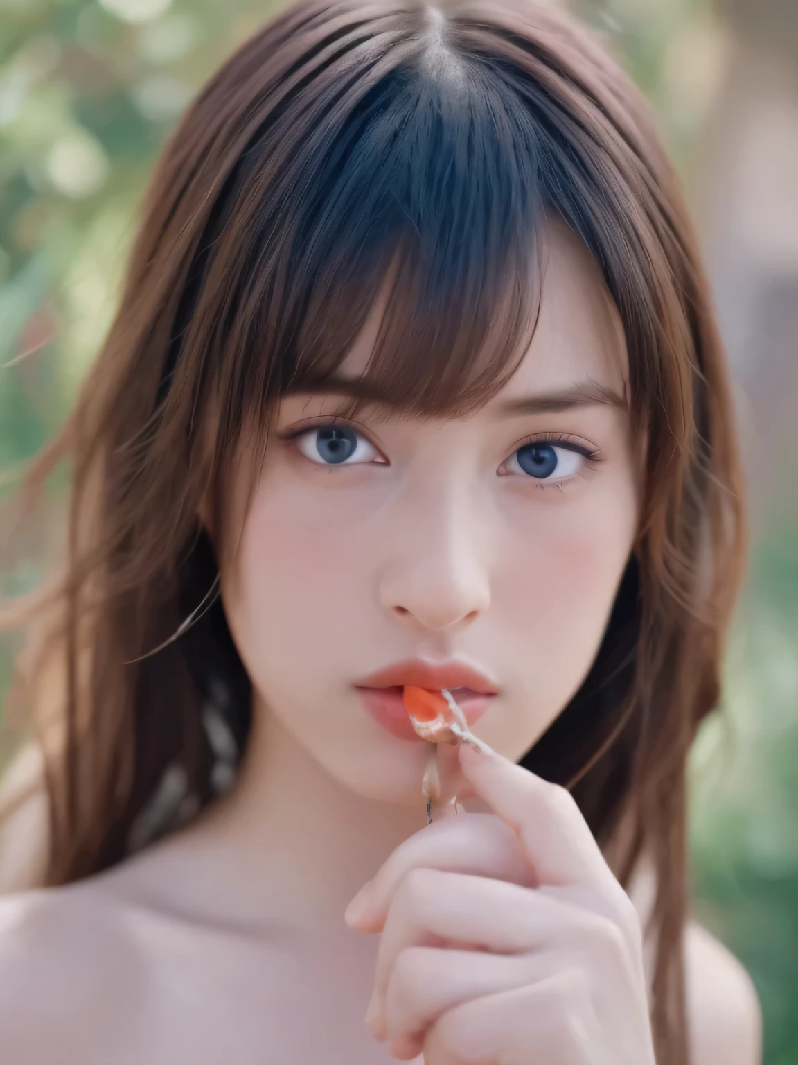 NSFW, Draw the character from the waist up. She is holding a thick sausage on a skewer with both hands and biting into it, capturing a candid and delicate moment. The figure is a topless, with beautifully petite features. her shy blush adding a sense of innocence and subtle vulnerability. ( RAW photos , top quality ), ( realistic , photo- realistic :1.4), masterpiece, extremely delicate and beautiful, extremely detailed, 2k wallpaper, amazing on the beach, Detailed description, extremely detailed CG unity 8k wallpaper, ULTRA DETAIL, high res, Soft light, beautiful detailed girl looking back, extremely detailed eyes and face, beautiful detailed nose, beautiful detailed eyes, cinematic lighting, Perfect Anatomy, slender body.