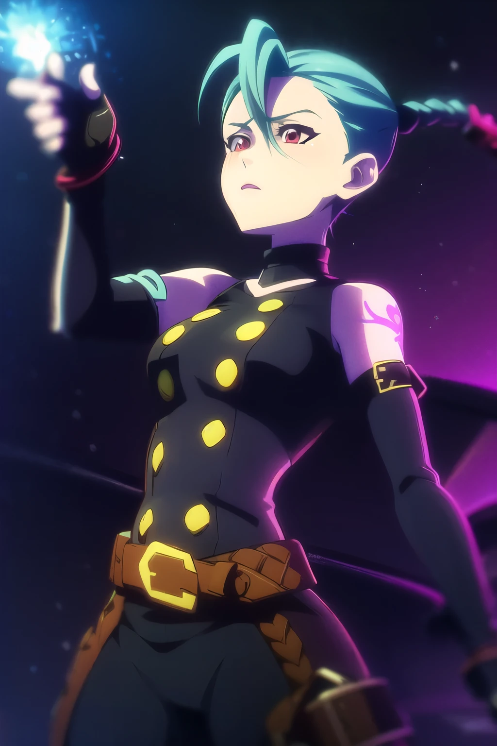 Jinx's character design, sexypose, Erotica, bare breast, teats, Beautiful figure, butt, kitty, Arcane's Jinx, Holding a sparkling and glowing box in his hands, Bright blue and purple sparks all around, glowing eyes, Red glowing eyes, hairlong, hairsh, braided into long braids, Pigtails hang below the knee, Hair color changes from bright RED to Back, Dressed in brown breeches, Leather boots on the feet, Top with four gold circles on the chest in the middle of the chest, Blue cloud tattoos on shoulders and waist, Long bangs, hanging on the right side, Belt with cartridges on the belt, A pistol in a holster on his left leg, Arcane style, extremely detailed CG unity 8k wallpaper, detailed light, Cinematic lighting, chromatic aberration, glittering, expressionless, epic composition, dark in the background, Cherecter Desing, Very detailed, Detailed body, Vibrants, Detailed Face, sharp-focus, anime art, Vibrants, Detailed Face, Hugh Details, sharp-focus, Very drooping face, A detailed eye, super fine illustration, better shadow, finely detail, Beautiful detailed glow, Beautiful detailed, Extremely detailed, expressionless, epic composition,Hair color changes from bright RED to Back