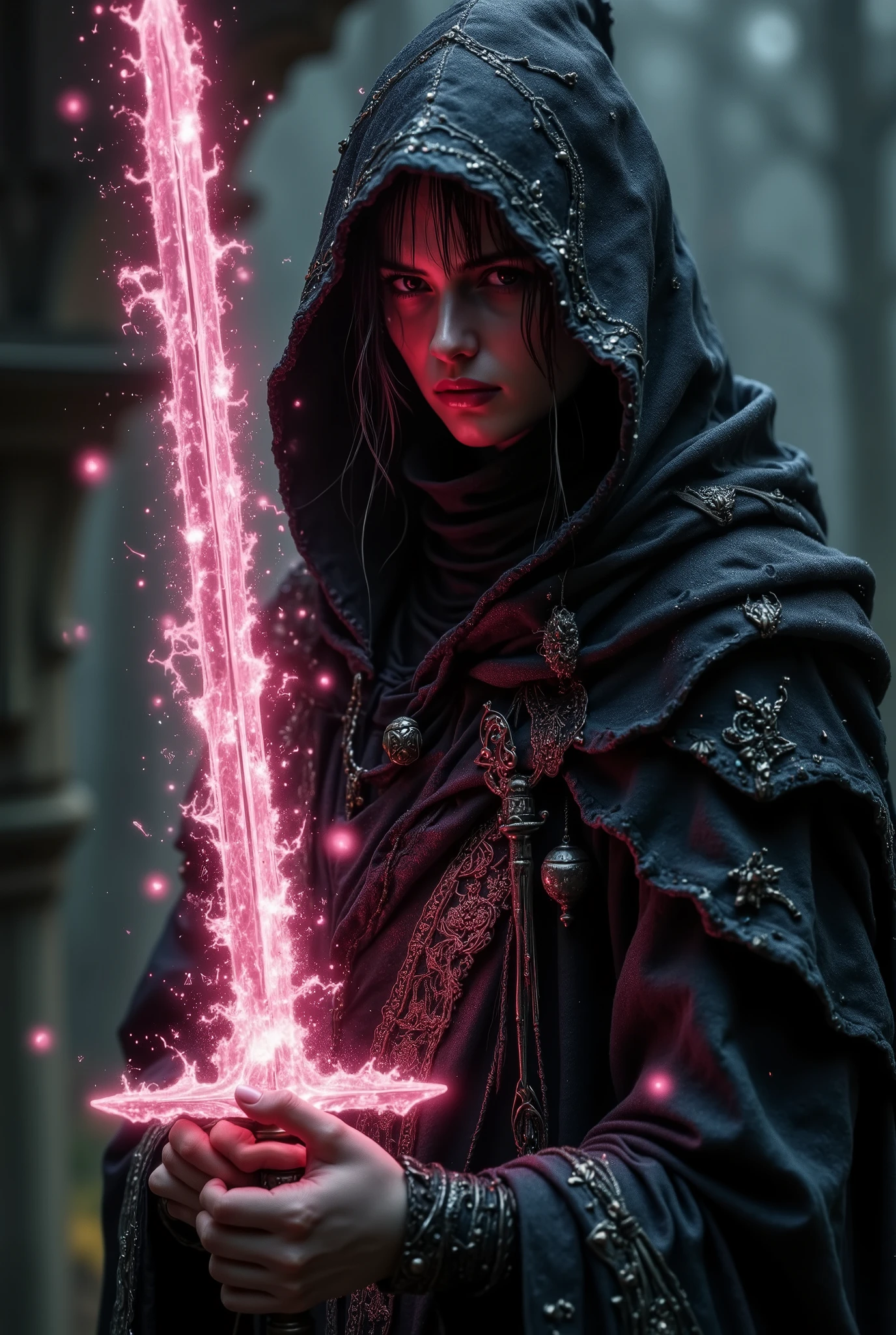 (photorealism:1.2),A mysterious figure stands cloaked in shadows, the air around them charged with a magical energy that pulses like a heartbeat. Their piercing gaze, illuminated by a faint glow, locks onto the viewer, holding an aura of both mystery and raw power. The character is clad in an elegant and flowing black wizard's robe adorned with intricate silver embroidery that weaves patterns resembling ancient runes and constellations. The robe’s fabric shimmers faintly, as though infused with otherworldly magic. Atop their head rests a tall, pointed black wizard’s hat, the brim adorned with delicate silver charms that sway gently as if responding to unseen forces.
Underneath the robe, the sorcerer wears a turtleneck in an old rose-pink hue, providing a striking yet harmonious contrast to the dark, enigmatic outfit. The subtle color exudes a sense of warmth amid the shadowy ambiance, hinting at the complexity of their character—a balance between light and dark, destruction and creation.
In their hands, they grip the hilt of a radiant, old rose-pink sword that hums with a soft, enchanting sound, its glow casting shimmering reflections onto the figure’s face. The blade itself is alive with light, its surface sparkling as if embedded with countless tiny stars. Trails of luminous pink energy flow along the edges, swirling and dancing in the air, leaving behind a path of glowing dust that seems to defy gravity.
The sorcerer holds the sword upright, its tip barely touching the ground as though channeling immense power through it. Sparks of pink magic scatter outward, illuminating the darkness and casting flickering shadows across their intense, determined expression. Flames of the same old rose-pink hue flicker softly around the blade, further enhancing the weapon’s ethereal beauty and undeniable strength.
The surrounding environment is cloaked in darkness, with hints of glowing embers and faint magical sigils etched into the air. The atmosphere is thick with tension