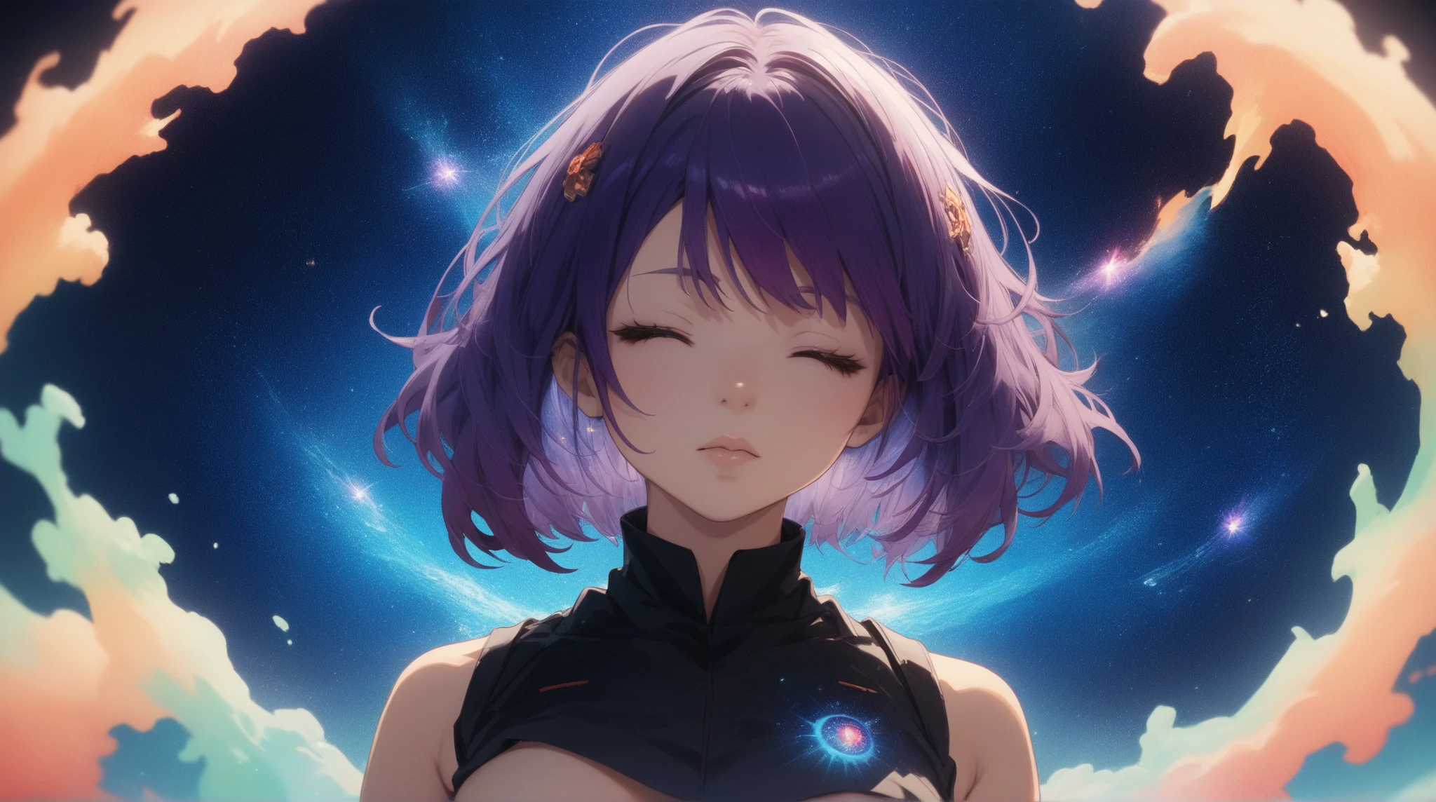 (Highest quality)、(Highest quality)、cut、Chainsaw Man、cute、(choker).eyes are emerald、Her hair is purple、Short Bob、Beautiful night view、star、whole body、detailed、Strong details、Reze、