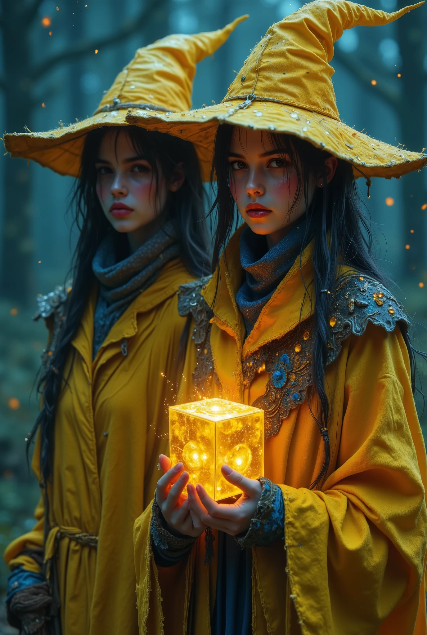 (photorealism:1.2), (photorealism:1.2), two beautiful young girls witchs, wearing a deep yellow witch hat and deep yellow witch robes. picton blue turttleneck inside robe. She's riding her broom and the background is a night sky. flying above bettle field. horror. them holding first aid kits in the shape of a cube with algaes and a shiny, luminous sun logo