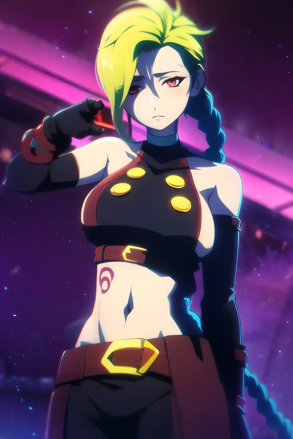 Hair color changes from bright RED to Back Jinx's character design, sexypose, Erotica, bare breast, teats, Beautiful figure, butt, kitty, Arcane's Jinx, Holding a sparkling and glowing box in his hands, Bright blue and purple sparks all around, glowing eyes, Red glowing eyes, hairlong, hairsh, braided into long braids, Pigtails hang below the knee, Hair color changes from bright RED to Back, Dressed in brown breeches, Leather boots on the feet, Top with four gold circles on the chest in the middle of the chest, Blue cloud tattoos on shoulders and waist, Long bangs, hanging on the right side, Belt with cartridges on the belt, A pistol in a holster on his left leg, Arcane style, extremely detailed CG unity 8k wallpaper, detailed light, Cinematic lighting, chromatic aberration, glittering, expressionless, epic composition, dark in the background, Cherecter Desing, Very detailed, Detailed body, Vibrants, Detailed Face, sharp-focus, anime art, Vibrants, Detailed Face, Hugh Details, sharp-focus, Very drooping face, A detailed eye, super fine illustration, better shadow, finely detail, Beautiful detailed glow, Beautiful detailed, Extremely detailed, expressionless, epic composition,Hair color changes from bright RED to Back