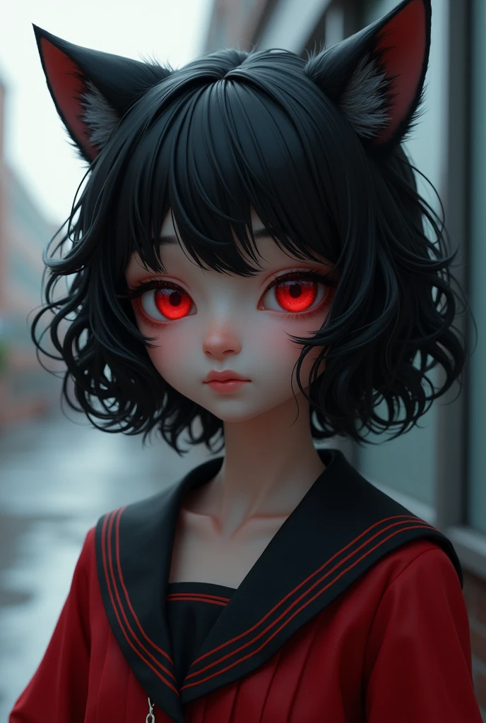 A shy wolf girl with short curly black hair, red eyes, a red and black school uniform and almond skin