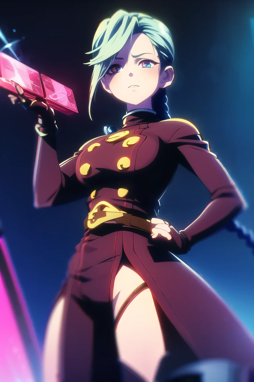 ultra-detailed, Explicit, Beautiful body, Beautiful Nose, Beautiful character design, perfect eyes, perfect face, ultra highres, 4K, beautiful legs, perfect legs, Nice hands, Perfect hand, Masterpiece, Best Quality, Highly detailed, illustration, absurdres, street fighter, doll suit, shadaloo doll, dollsuit, girls, multiple girls, expressionless, blank eyes, looking at viewer, red gloves, emotionless, black latex, corrution, mind control, female combatant, full body, hypnotized, unhappy trance, full body suit, ribbed bodysuit, both arms at side, obey, perfect female body, extremely glossy latex, hypnosis, hypnoLora, empty eyes, Mind control device, poses, submissive_pose, Slave, hat, necktie, stand up straight, standing, standing at attention, hat, necktie, belt, latex, ribbed bodysuit, brown hair, thighhighs, garter belt, Fighting Stance, extending the right arm from the shoulder into the air with a straightened hand, nazi saluting, military, military saluting, salute, thigh boots, agastya-akashic green hair, miss kuroitsu from the monster development department, kaijin kaihatsubu no kuroitsu-san, akashic, long hair, purple hair