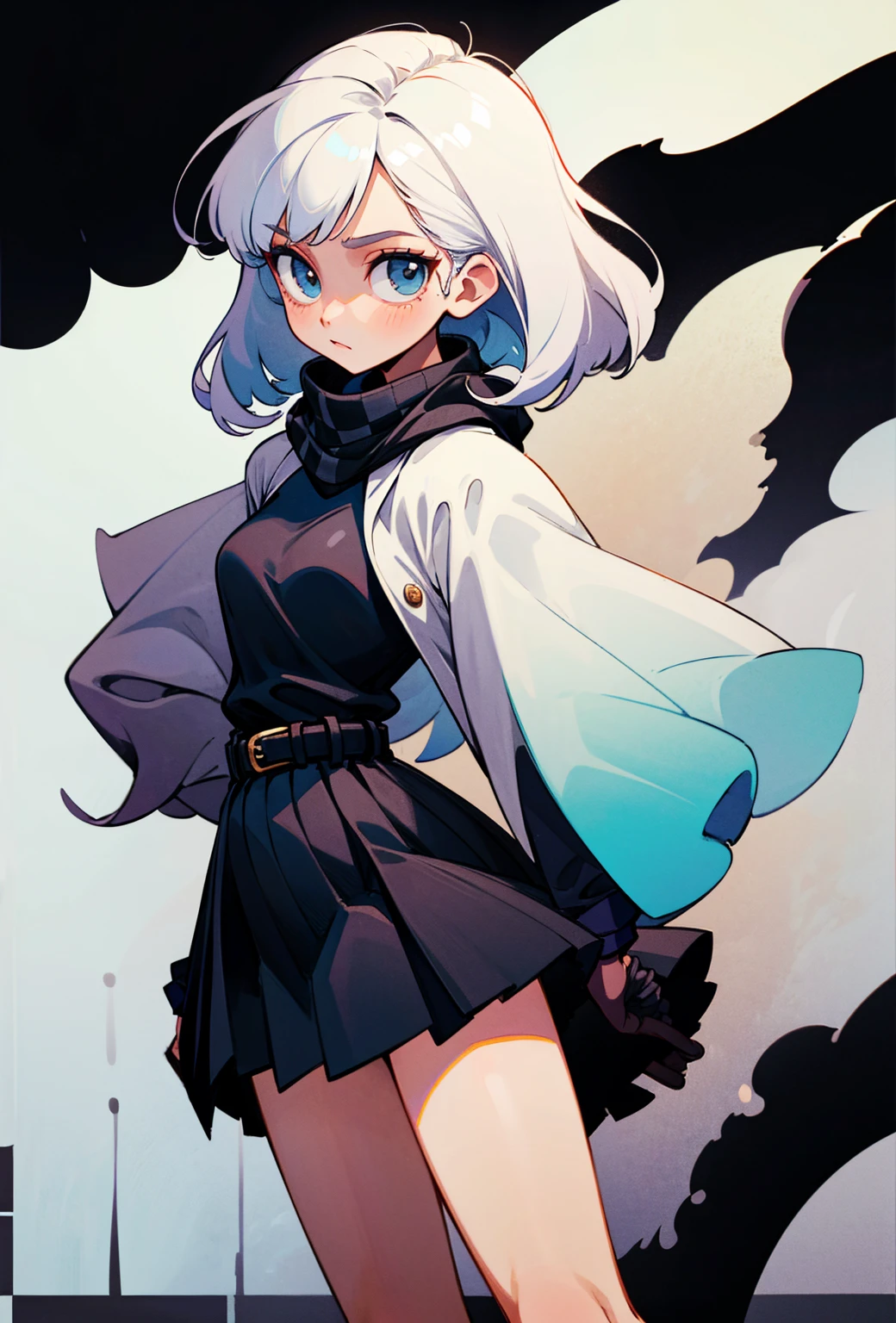 High-quality, clean image, long white hair from the front and back, styled in an elegant hairstyle. A basic tight black long-sleeve shirt, a stylish solid white scarf, a short checkered skirt with a black-and-white square pattern, a black leather belt at the waist, and dark tights covering the legs, excluding the thighs.