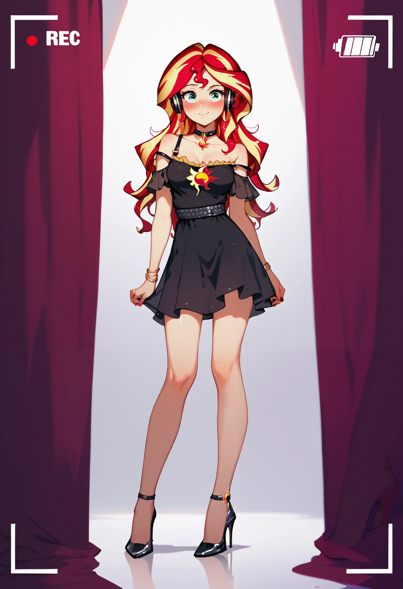 Sunset shimmer, red and yellow hair, wavy hair, blushing, aroused, wearing headphones, standing in a recording booth, high heel shoes, sexy dress, strap off shoulder