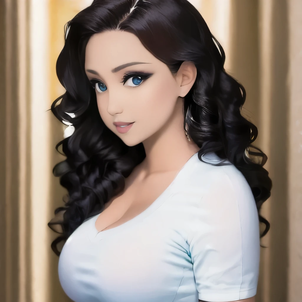 a curvy blue-eyed girl with long wavy black hair, small breasts, nudity, torn tanktop, tits out, mischievous