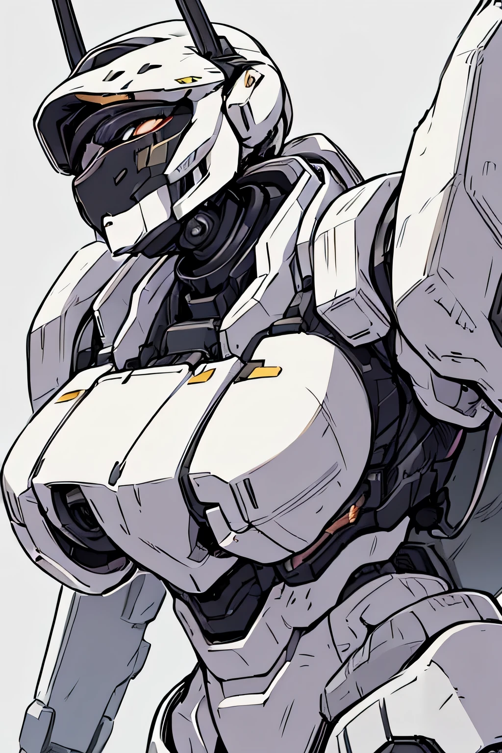 Anime-style, female character, mid-shot, white heavy power armor with feminine design, large limbs (4 meters tall), sniper rifle and shotgun, robotic visor covering eyes, golden hair exposed from helmet, cold and emotionless expression, serene and icy atmosphere, futuristic sci-fi theme, detailed and high-quality illustration