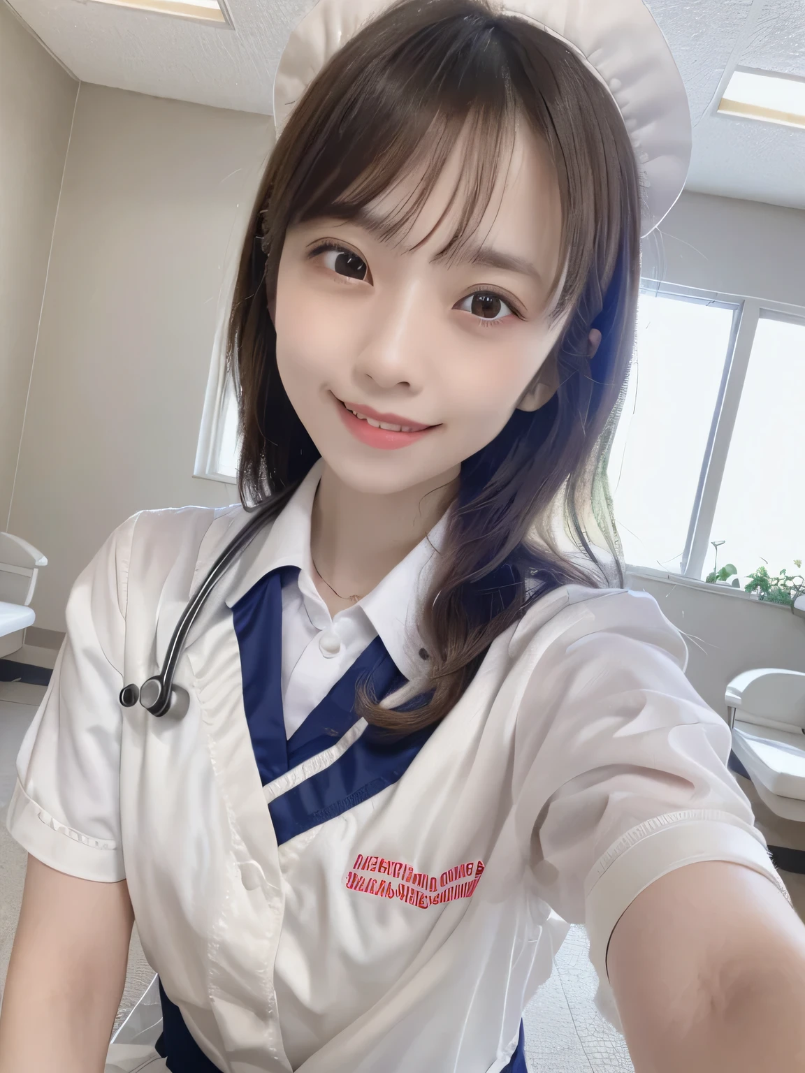 (1woman)、(Japanese、45years old、Refreshing、clear、seems kind、stylish、(narrow eyes)、Pitiful、cute like an angel、cute、black eyes、,actress,Slit eyes), Good style , (Beautiful big breasts:1.0),(soft breasts),(very cute),(brown hair),,( long hair、Straight Hair,one-length),(enchanting eyes),(highlight on eyes:1.2)、(8K、Live shooting、highest quality、masterpiece:1.2、optimal lighting)、((masterpiece)),(Photo taken by a professional photographer),(real、photo real:1.4),break,{ (white nurse costume),(((taraditional nurse uniform))),(white nurse mini skirt),(( pantyhose)),(cleavage:0.7)},(Smile1.0),(cheeks are red:1.2)、Face close-up:1.3,Looking at viewer, break, break,Hospital 、corridor