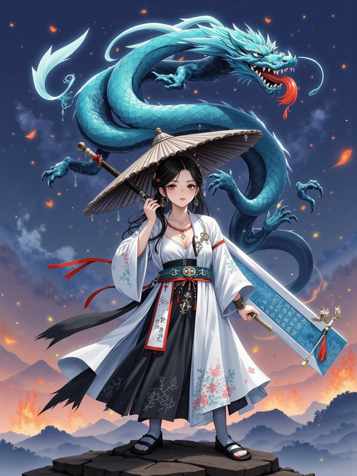 A Loli smith turns into a warrior, Her frost-soaked face was filled with traces of time and battle. Her habit is torn, and re-stitched with mismatched leather and chain-link patches, revealed a slight scar on her clavicle and a vivid tattoo. Her shoulder was draped with a huge sword of heavy azure hands, A rune engraved with a dragon on her sword, with a waist-high dragon, emits an extremely colorful glow in the night. She stands on a broken top, overlooking a burning battlefield, Her posture is firm