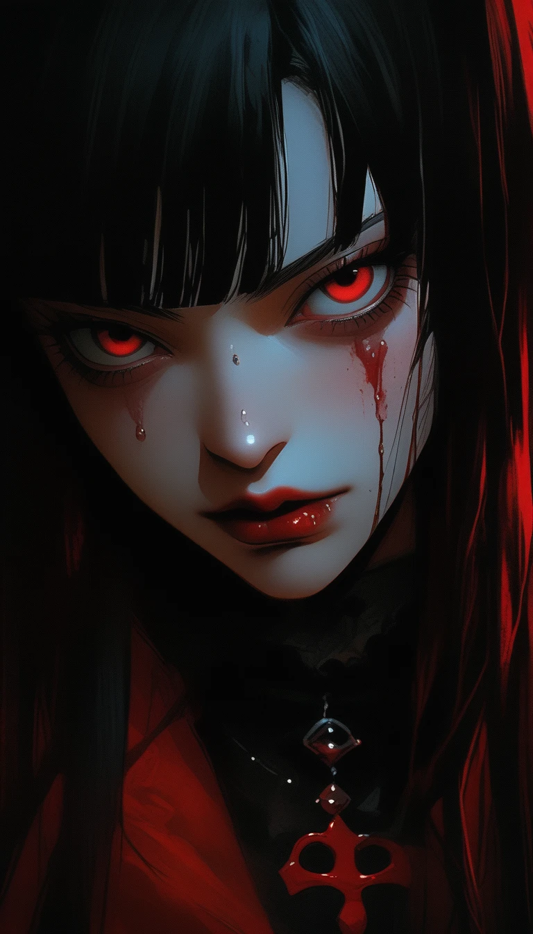 portrait of vampire with a bloody tear coming down from he eye, an exotic beautiful female vampire, dynamic hair color, dynamic hair style, ultra detailed face, best detailed face, dynamic eye color, ((1single red tear made of blood coming down from the)), Ultra-high resolution, High Contrast, (masterpiece:1.5), highest quality, Best aesthetics), 16K fantasy art, best details, best quality, highres, (ultra wide angle: 1.2), 16k, [ultra detailed], masterpiece, best quality, (extremely detailed), ladyshadow,