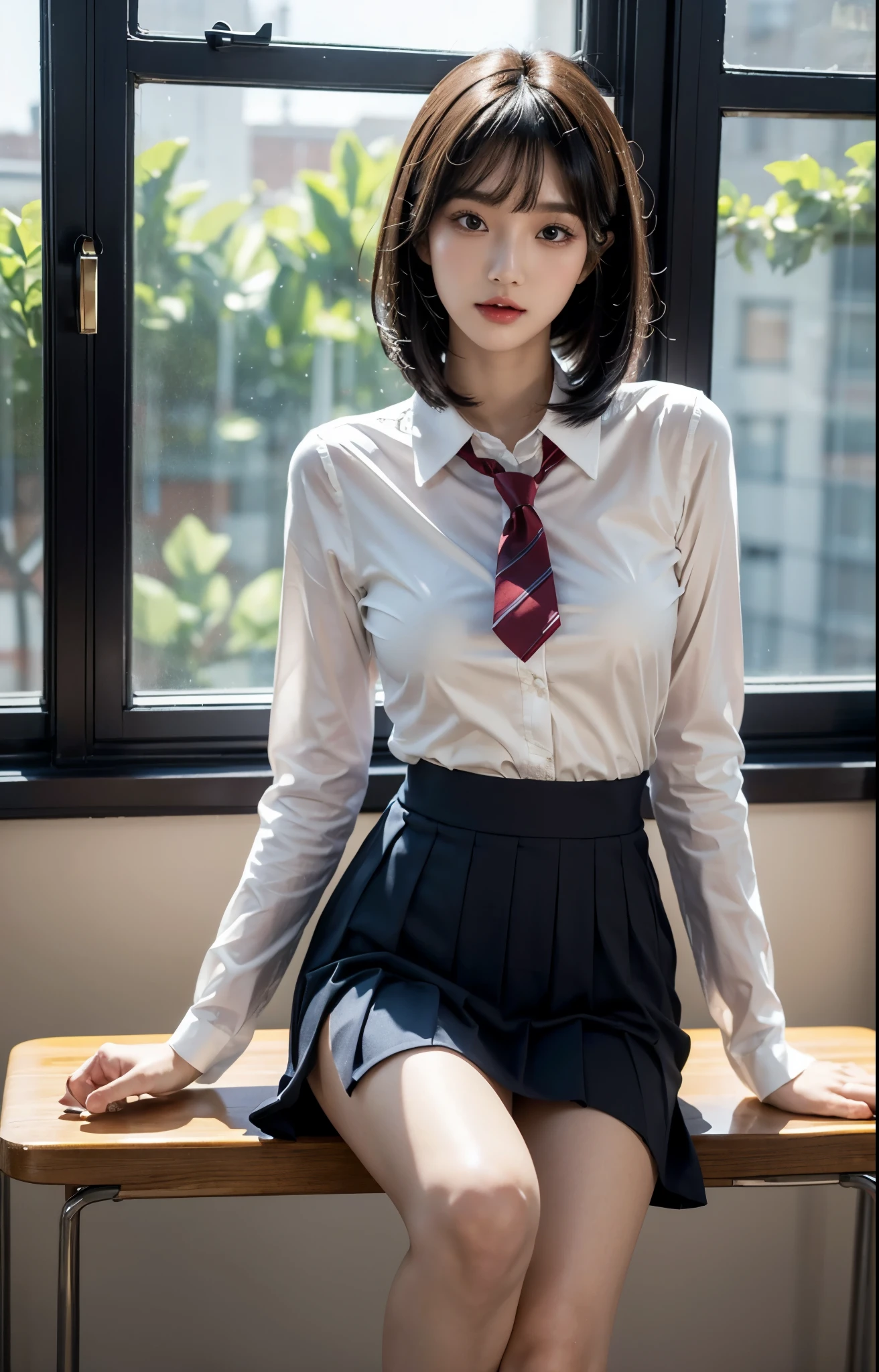 NSFW,(in 8K、top-quality、masterpiece:1.2)、(reallistic、Photorealsitic:1.3)、 Phenomenally cute girl、14years、sitting on、(((cammel toe)))、(((Spread your legs apart)))、独奏、Classroom、watching at viewers、(Sit up:1.5)、In the school、Chest that looks like it's going to burst、Fine and beautiful eyes、)、(Dark blonde hair:1.2)、(short-hair:1.2)、, skirt by the, student clothes, sockes, A dark-haired, blurry backround, knee high, white shirt, lowfers, life-like, Wet lips, , sox, neck tie, pleatedskirt, masterpiece, top-quality, ultra-detailliert、(((Spread your legs apart)))、Inviting eyes