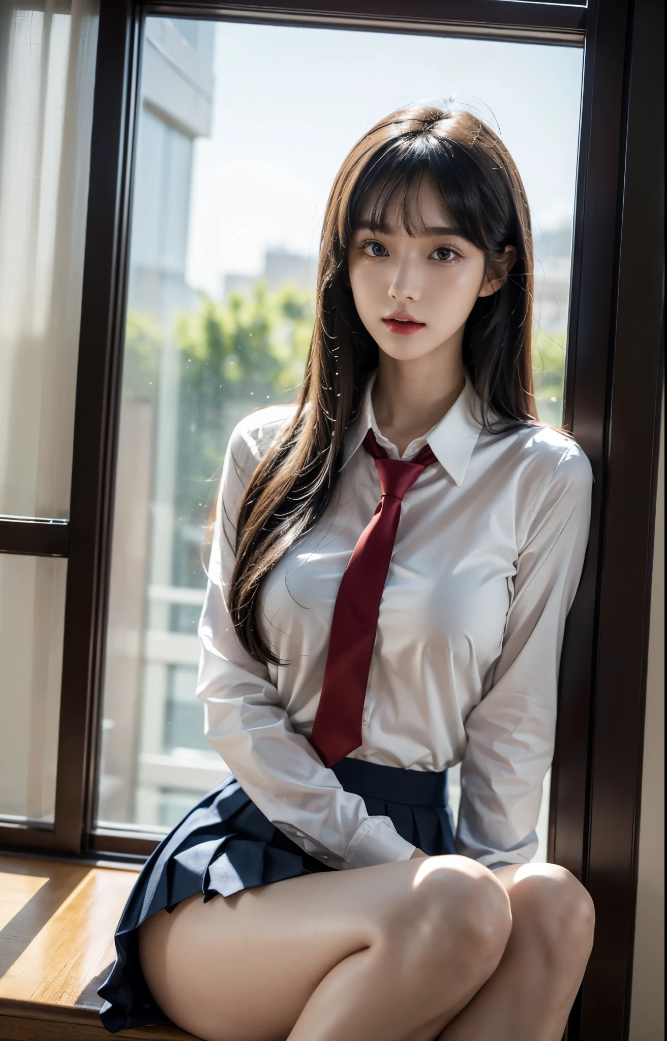 masterpiece, top quality, smooth armpits , exquisite, beautiful, Full HD, 16k, Very High Resolution, Multicolor Wig , female, is looking at the viewer, tall, slim, information, slim, I'm looking at a strict , well-balanced , Skinny , 20 years old, beautiful, Surreal Photo , Surreal Photo , Full body shot, during, spotlight , best light , white blouse with a red tie, Japanese young beauty , navy blue pleated skirt , Evening Classroom, sunshine coming through a window , Sit cross-legged ,high school girl, Black Bob Hair