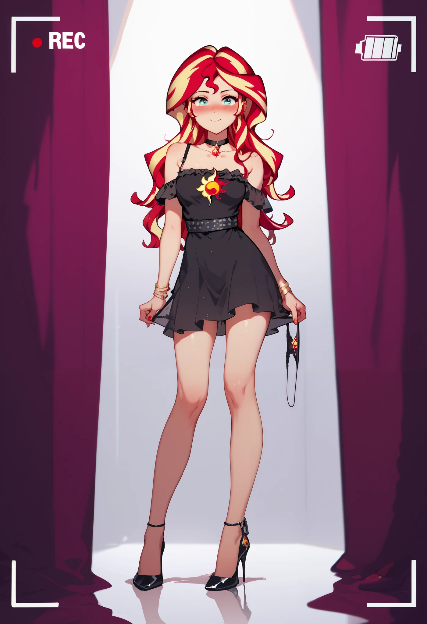 Sunset shimmer, red and yellow hair, wavy hair, blushing, aroused, wearing headphones, standing in a recording booth, high heel shoes, sexy dress, strap off shoulder, panties around legs, panty drop