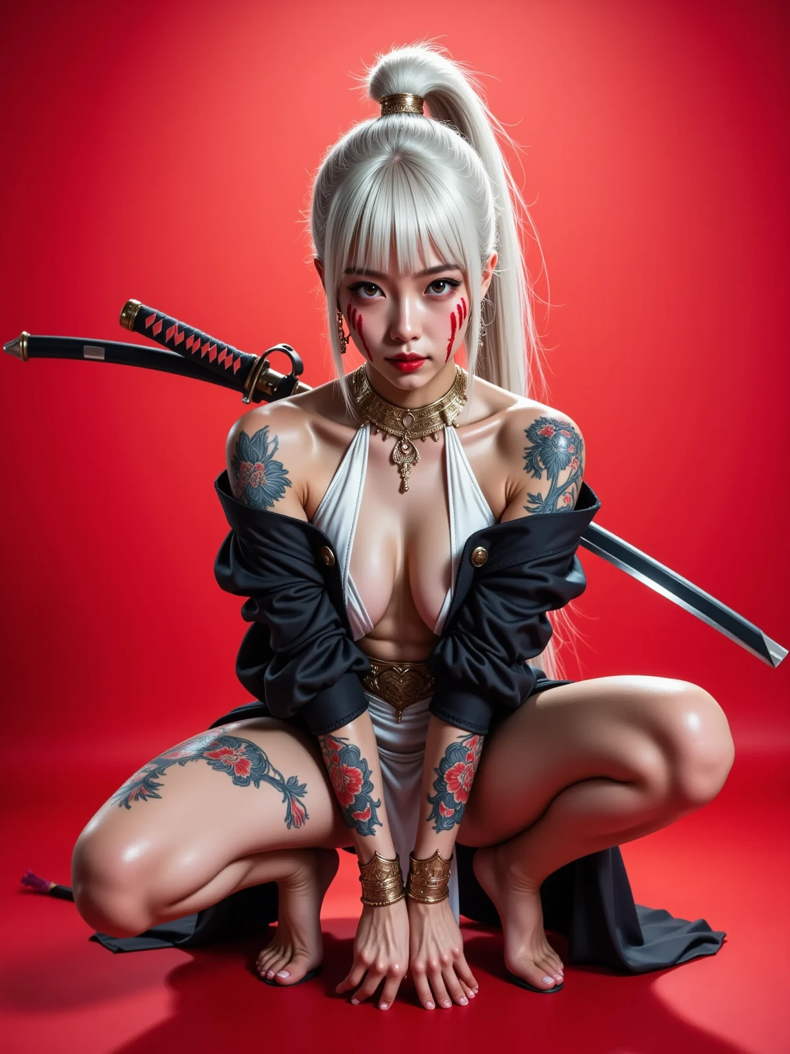 Create a hyper detailed photograph of a tattooed fit young sexy Geisha, Stunningly perfect gorgeous face, perfect makeup, detailed vibrant eyes, platinum blonde dutch hair, big beautiful muscular legs, big beautiful muscular arms, big back muscles, realistic torso, muscular abs, detailed smooth skin, big breast, big muscular ass, black bondage lace lingerie,