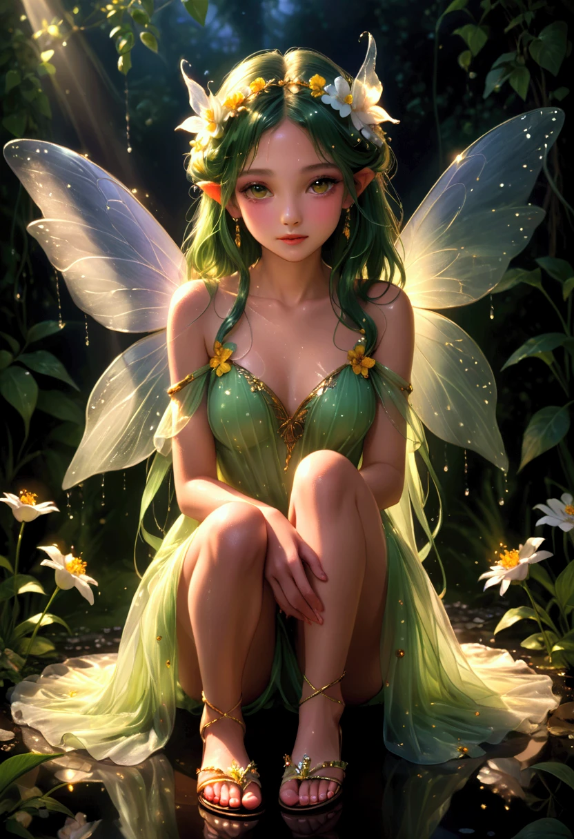 Fairy on the flower, Transparent wings, Emerald hair, semi long hair, Braided hair, Glass crown