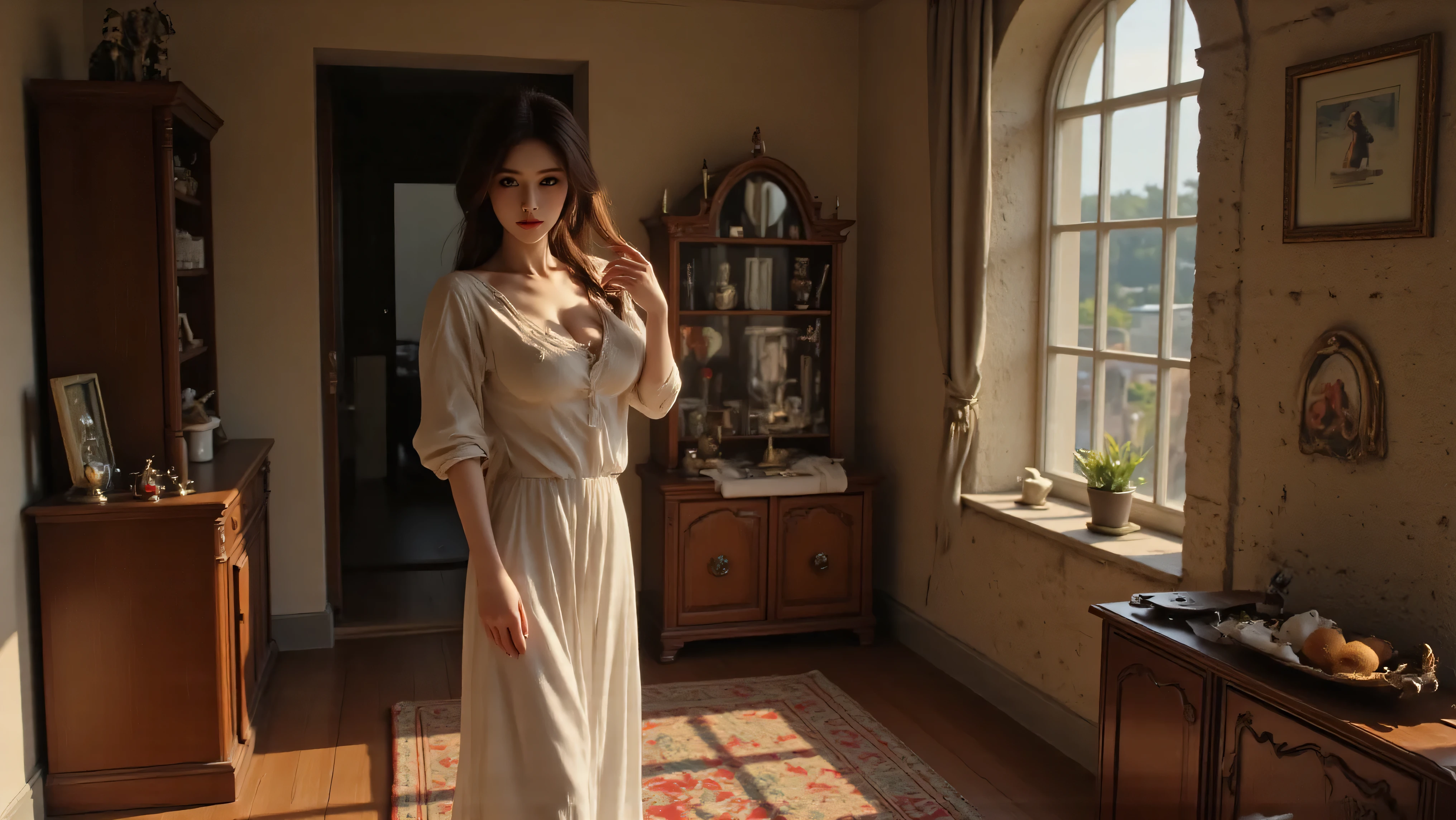 Masterpiece, Hi-detailed, best quality, 8K, (realistic), ((single girl, solo, only one girl)), cowboy shot, standing, ((servant girl)), ((loli)), ((makeup)), ((long eyelashes, mascara, eyeliner)), ((girl standing looking out of the window)), ((welcoming you home, excited for you)), (wanting to embrace you), ((cute, young, 15yr)), (tall and lanky), (Skinny), (thin frame), (fit, body), (feminine body), (small braids in her hair), (medium breasts, round breasts), ((peasant clothes)), ((extremely revealing)), cleavage, beautiful, perfect face, perfect body, large eyes, blue eyes, standing looking at a beautiful vista, Middle Ages, Fantasy,