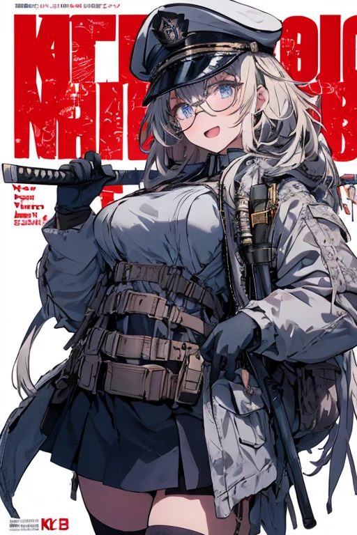 masterpiece , a girl, ( lite white short hair:1.2), (red eyes:1.2), (US Military Uniform:1.2), (looks at the viewer:1.2) , (8k, best quality 1.2), ultra-detailed, 8k uhd, soft lighting, high quality, film grain, beautiful lighting, cinematic ,perfect body , best illumination, best shadow, sharpness, contrast, red glasses, messy hair, tactical vest, gloves, headset, absurdres high detailed face, serious face, military helmet, heavy armor, (magazine:1.3), (cover-style:1.3), holding a camera