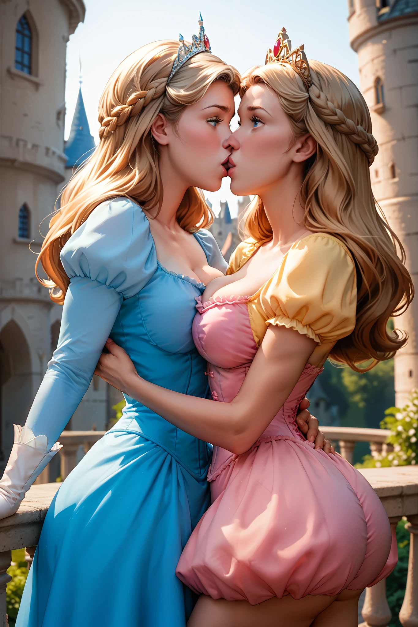 detailed picture of 4 extremely cute Disney princess kissing in short skirts showing panties, lesbian accion ,, perfectly round , castle, Blue eyes, red long hair, pink dress, tiara, corset, blond hair, blue dress, yellow dress, brown hair , blond hair , big