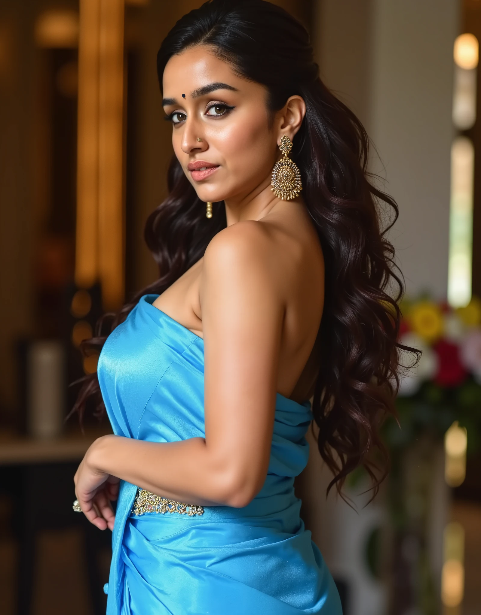 Very sexy Indian milf posing for adult magazine, massive boobs, Bollywood milf, supermodel, studded Indian jewelry, young 30 years old, shraddha kapoor, side boob, sky blue slutty Saree, slut milf