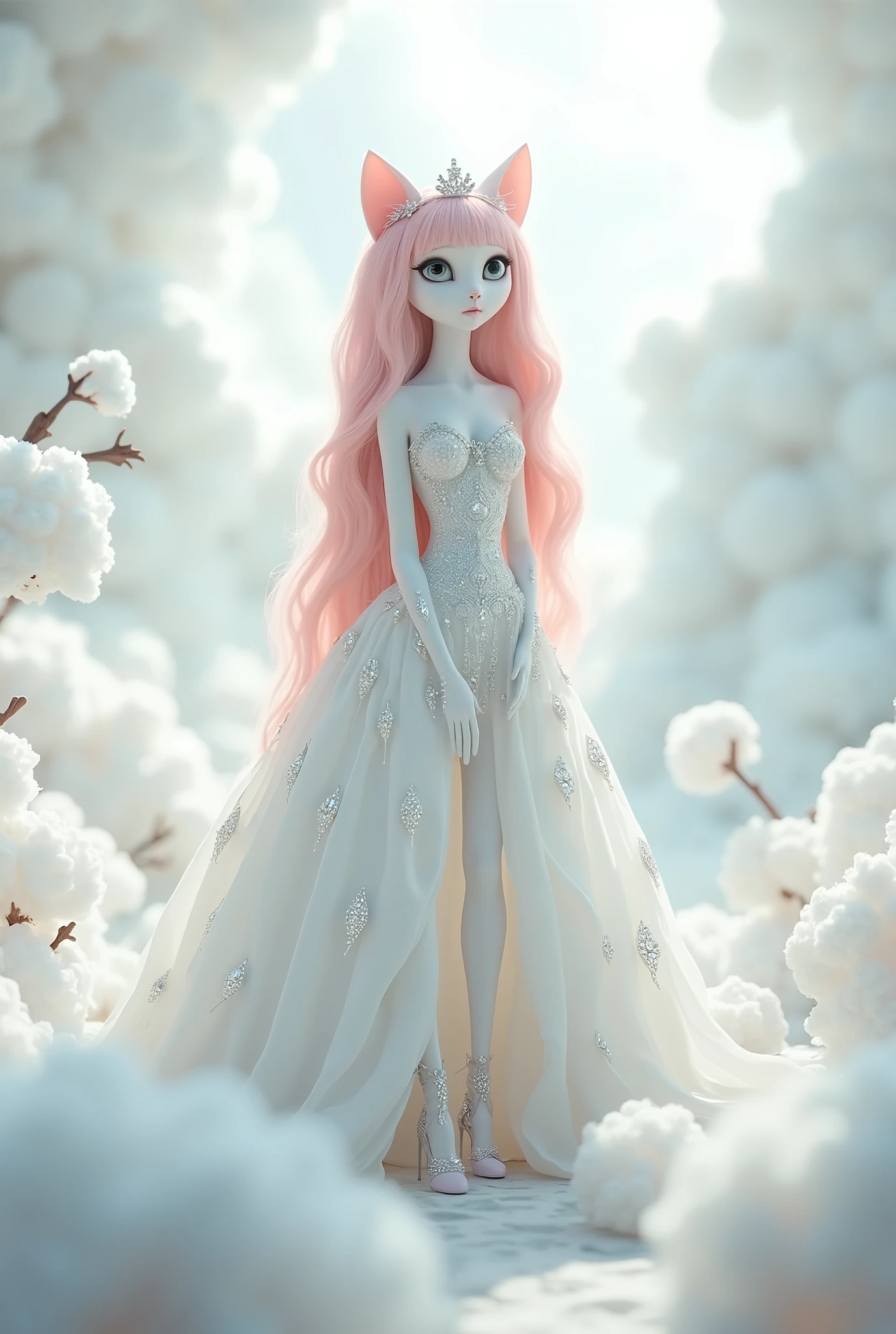 A white cute cat princess with pink hair, bangs, very long hair, beautiful face, tall, big eyes, very cute, wearing a white princess dress, long dress with beautiful diamonds, can see the whole body, wearing high heels, wearing a crown ,in a very clean filled with white cotton