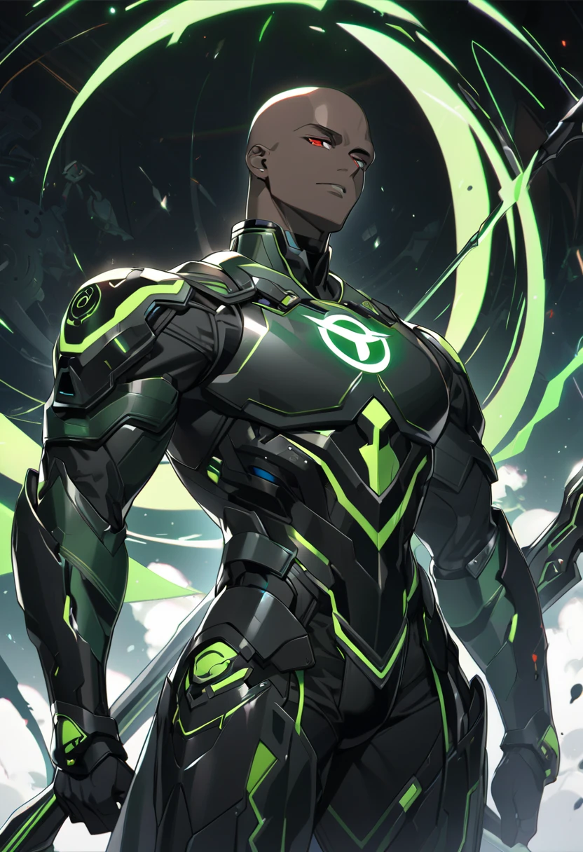 Jackson, with her messy green hair, He wears a metallic black suit in an anime style. Four Fulmen chips embedded in its limbs emit bright energy, while a fifth shines in his chest..