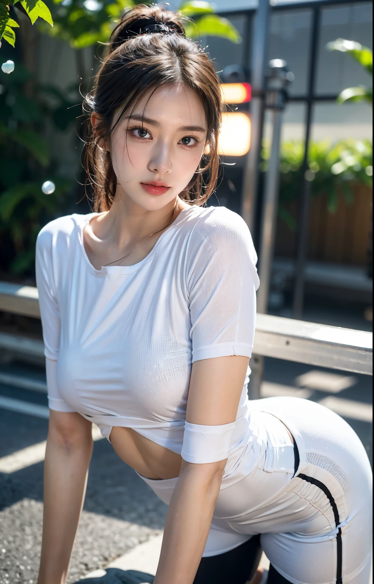 1girll,Beautiful woman with black hair,Bottom-up perspective,shorter pants,sport underwear,hentail realism,Ultra-clear,streetview,sporty attire,rcasual
