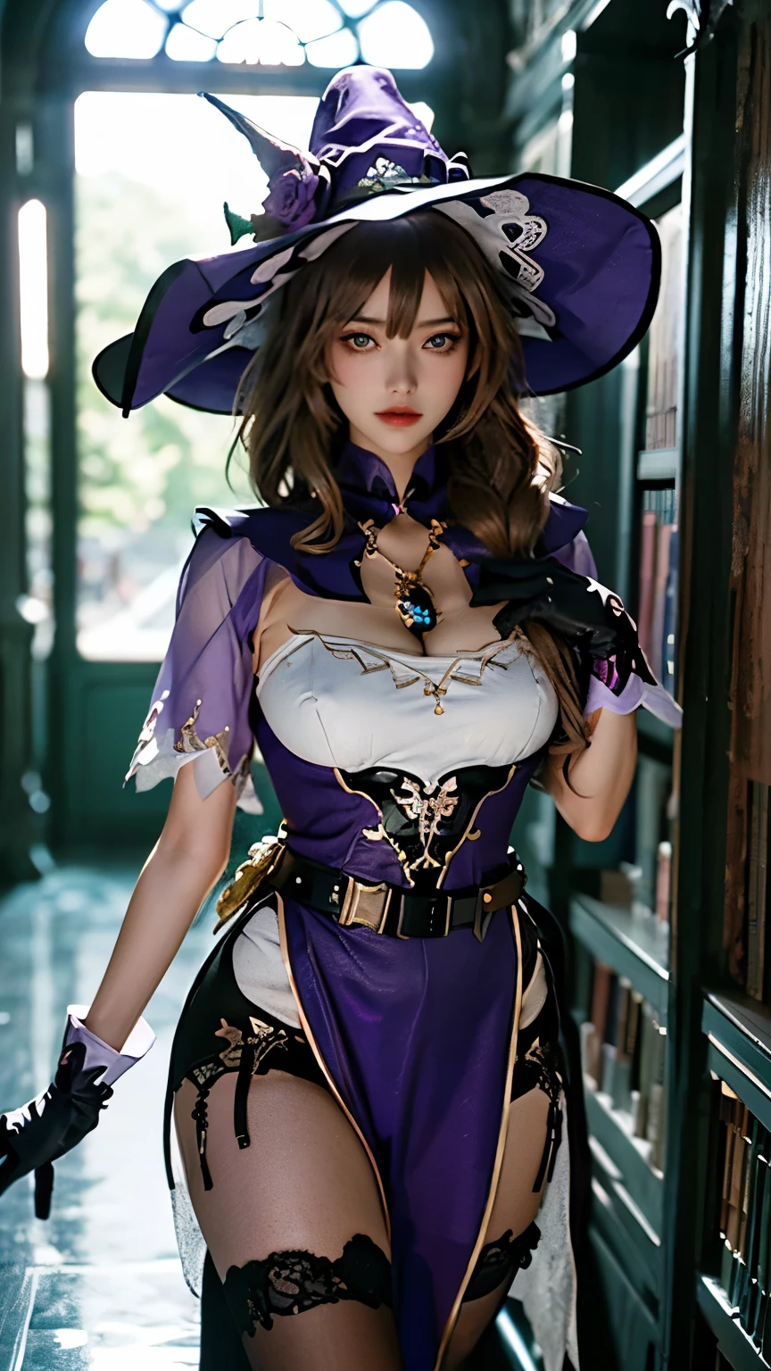 through wall, stationary restraints, ass focus, sweat, shiny skins,1girl,gloves,witch hat, brown hair, hat flower, green eyes, vision (genshin impact), thighhighs, flower, cleavage,black thighhighs, rose, large breasts, purple rose, multicolored dress, pelvic curtain, jewelry, purple dress,long hair, capelet, multicolored clothes, purple capelet,