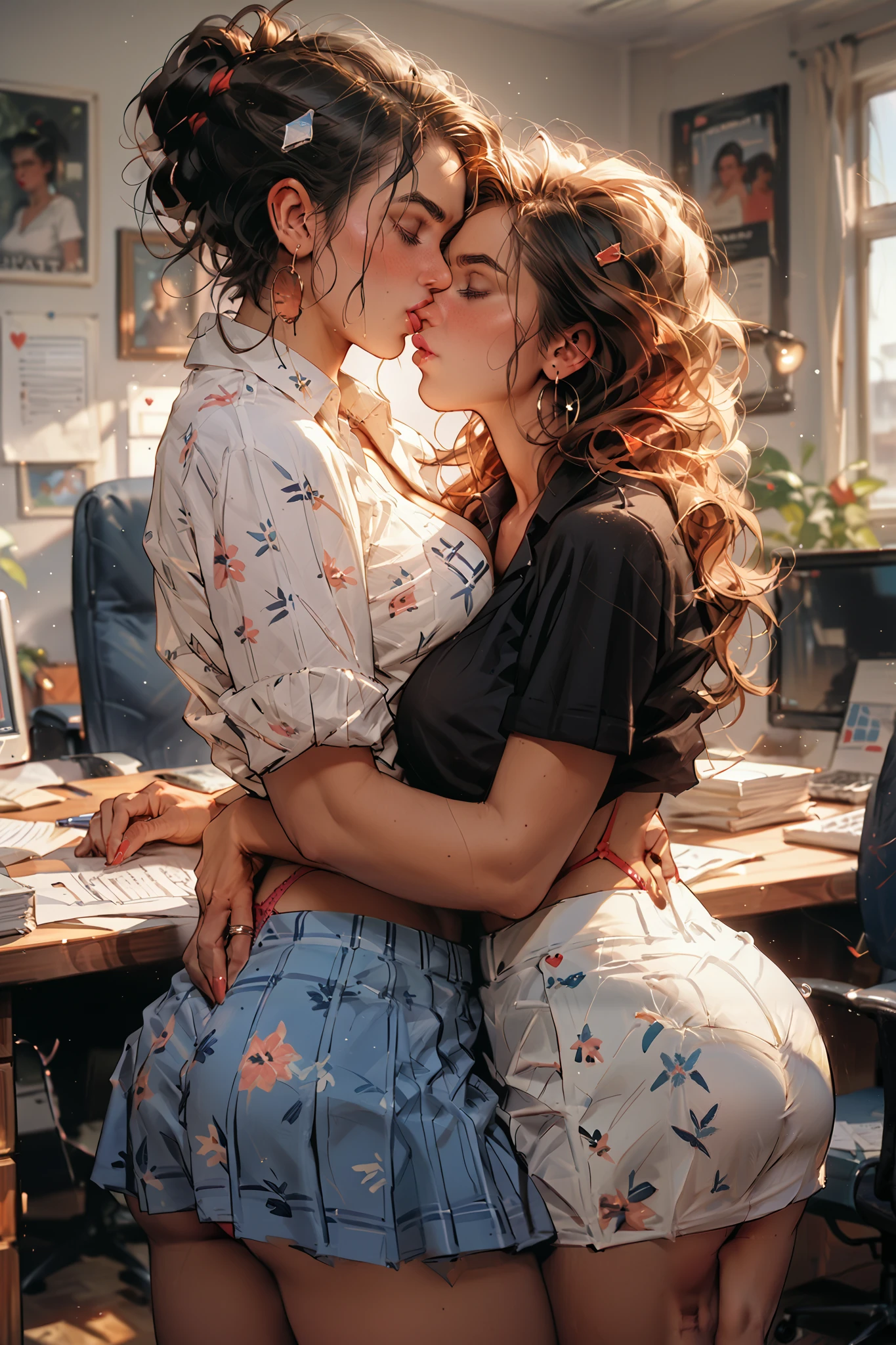 detailed picture of 4 extremely cute milfs kissing in short skirts showing panties, lesbian accion ,Large breasts, perfectly round butt, frat house, office, eyes open