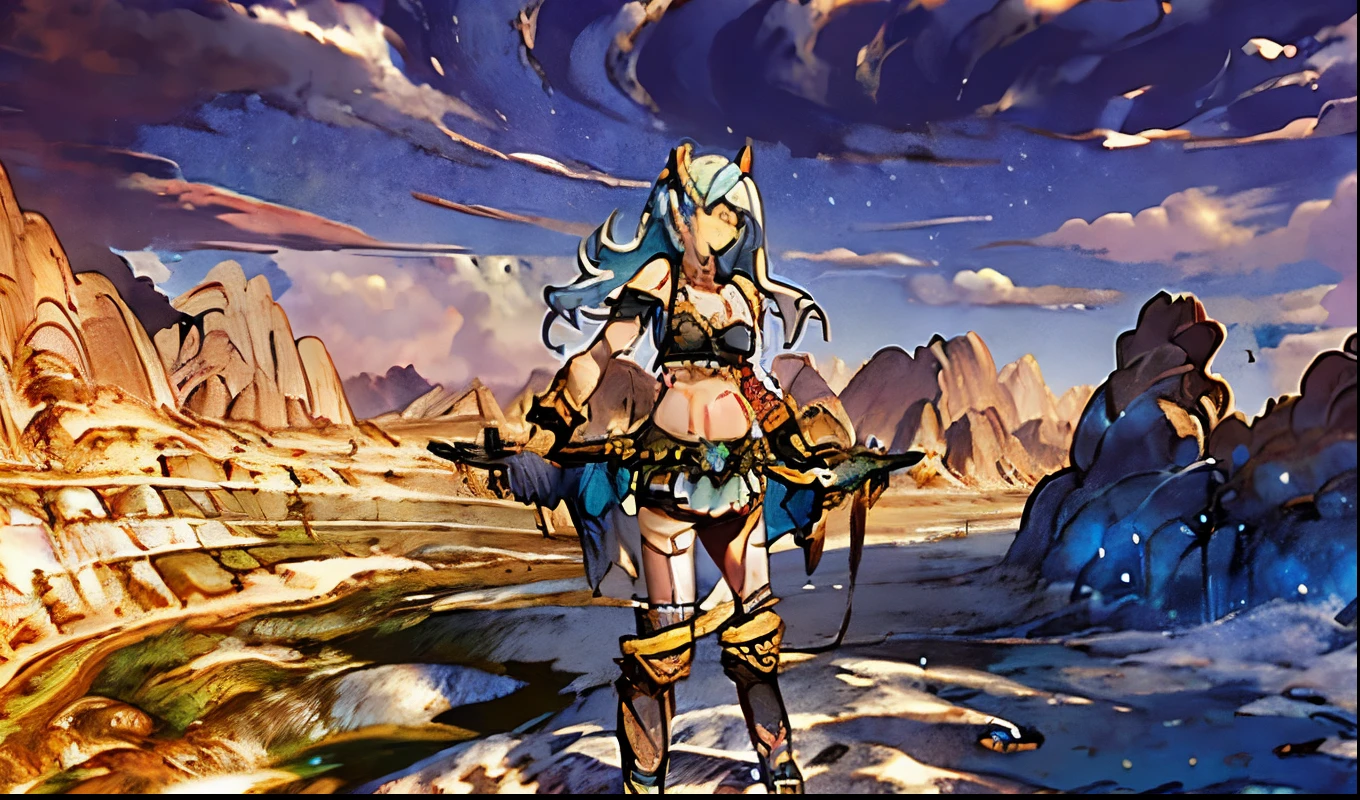 high quality, detailed depiction ,((( Soratrobo's Worldview ))), desertに浮かぶ巨大な船に荒廃した街,Near future, desert,(Sylvie from Isekai Demon King ),