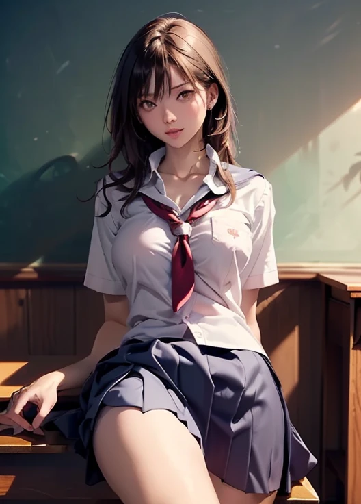 Masterpiece, Best Quality, Ultra Detailed, Illustration, Colorful, FAQ Color, Depth of Field, Lens Glow, 1girl, Anime, Seated, Brunette Look, School, Classroom, Pleated Miniskirt, School Uniform, Serafuku, Black Pantyhose, Delicate Skin Texture, Delicate Fabric Texture, Nice and Meticulous Face, Normal Hands