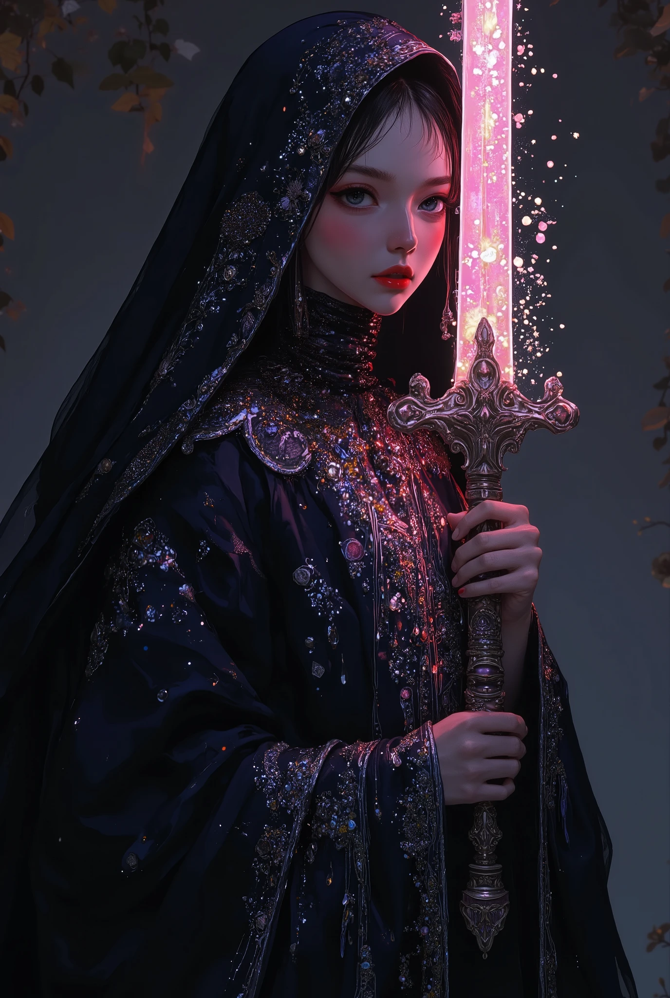 A mysterious figure stands cloaked in shadows, the air around them charged with a magical energy that pulses like a heartbeat. Their piercing gaze, illuminated by a faint glow, locks onto the viewer, holding an aura of both mystery and raw power. The character is clad in an elegant and flowing black wizard's robe adorned with intricate silver embroidery that weaves patterns resembling ancient runes and constellations. The robe’s fabric shimmers faintly, as though infused with otherworldly magic. Atop their head rests a tall, pointed black wizard’s hat, the brim adorned with delicate silver charms that sway gently as if responding to unseen forces.
Underneath the robe, the sorcerer wears a turtleneck in an old rose-pink hue, providing a striking yet harmonious contrast to the dark, enigmatic outfit. The subtle color exudes a sense of warmth amid the shadowy ambiance, hinting at the complexity of their character—a balance between light and dark, destruction and creation.
In their hands, they grip the hilt of a radiant, old rose-pink sword that hums with a soft, enchanting sound, its glow casting shimmering reflections onto the figure’s face. The blade itself is alive with light, its surface sparkling as if embedded with countless tiny stars. Trails of luminous pink energy flow along the edges, swirling and dancing in the air, leaving behind a path of glowing dust that seems to defy gravity.
The sorcerer holds the sword upright, its tip barely touching the ground as though channeling immense power through it. Sparks of pink magic scatter outward, illuminating the darkness and casting flickering shadows across their intense, determined expression. Flames of the same old rose-pink hue flicker softly around the blade, further enhancing the weapon’s ethereal beauty and undeniable strength.
The surrounding environment is cloaked in darkness, with hints of glowing embers and faint magical sigils etched into the air. The atmosphere is thick with tension and power, as thou