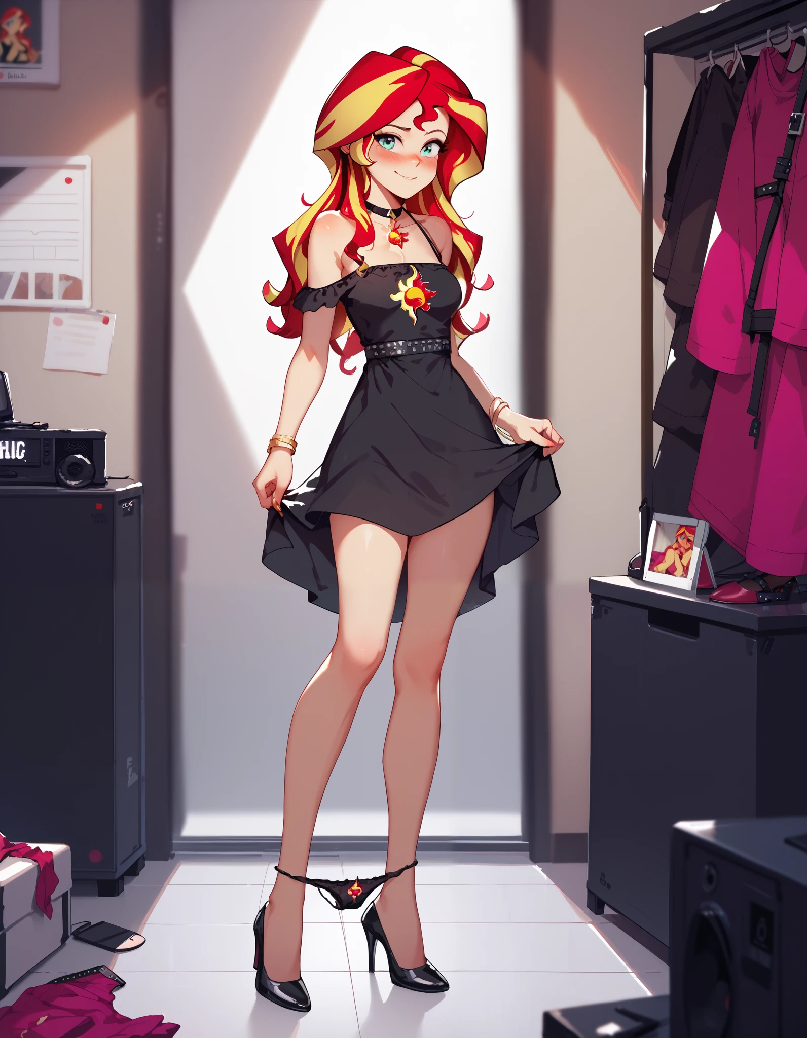 Sunset shimmer, red and yellow hair, wavy hair, blushing, aroused, wearing headphones, standing in a recording booth, high heel shoes, sexy dress, strap off shoulder, panties around legs, panty drop
