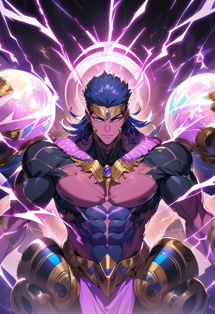 1male, darkskin, dreads, tank top, lean build, gold eyes, black super suit, purple tiger, serious, gloves
